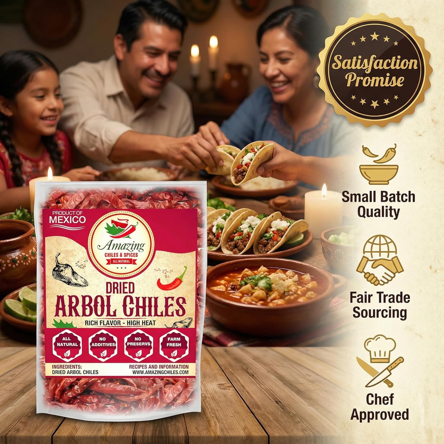 Chile De Arbol 4oz - Dried Whole Red Chili Peppers, Premium All Natural Stemless, Resealable Bag. Use in Mexican, Chinese and Thai Dishes. Spicy Hot Heat Full of Flavor