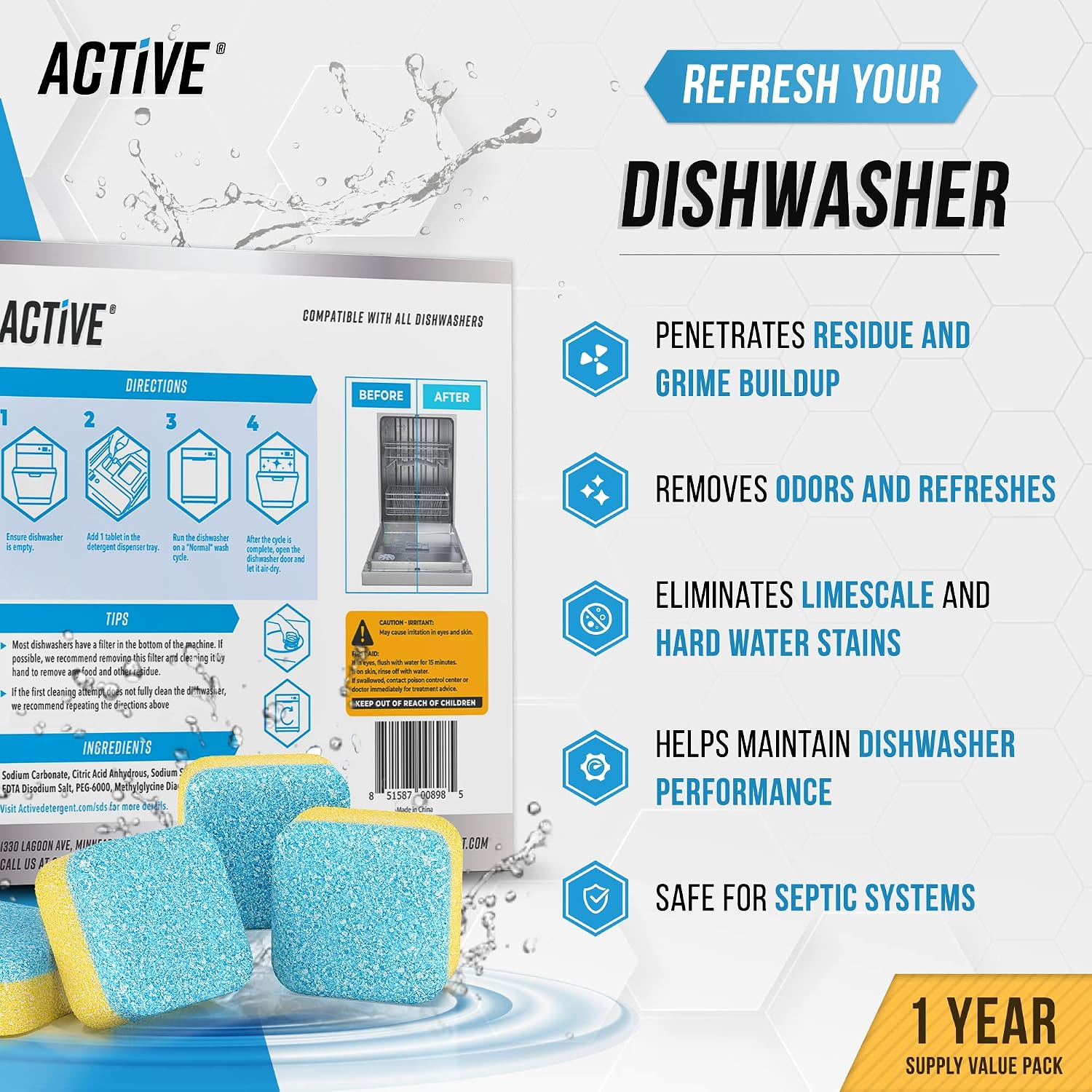 Washing Machine Cleaner Descaler 24 Pack - Deep Cleaning Tablets For HE Front Loader & Top Load Washer, Septic Safe Eco-Friendly Deodorizer
