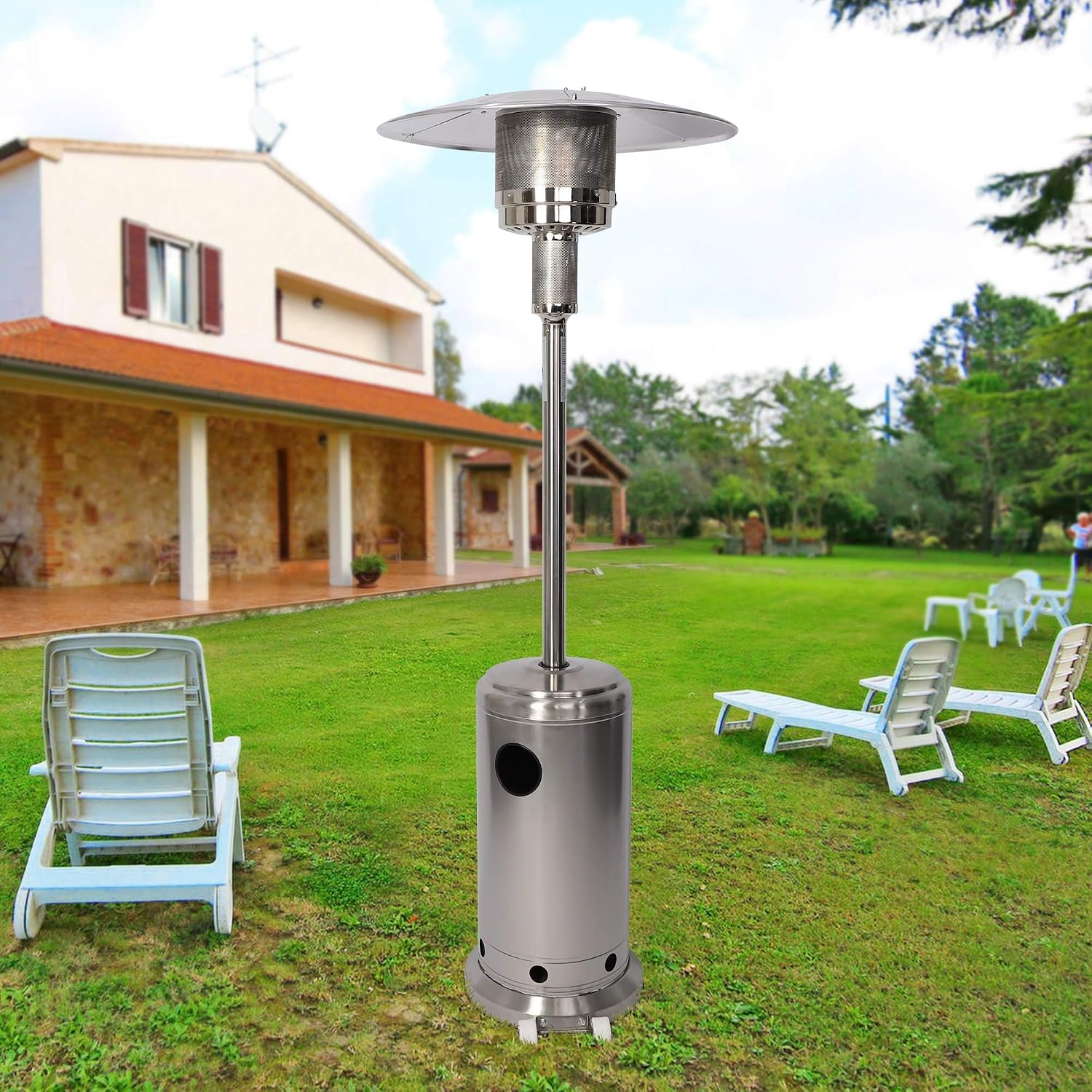 LUCKYERMORE 36, 000 BTU Patio Heater with Wheels, 87”High Outdoor Heater Gas Heat for Commercial and Residential, Stainless Steel Burner