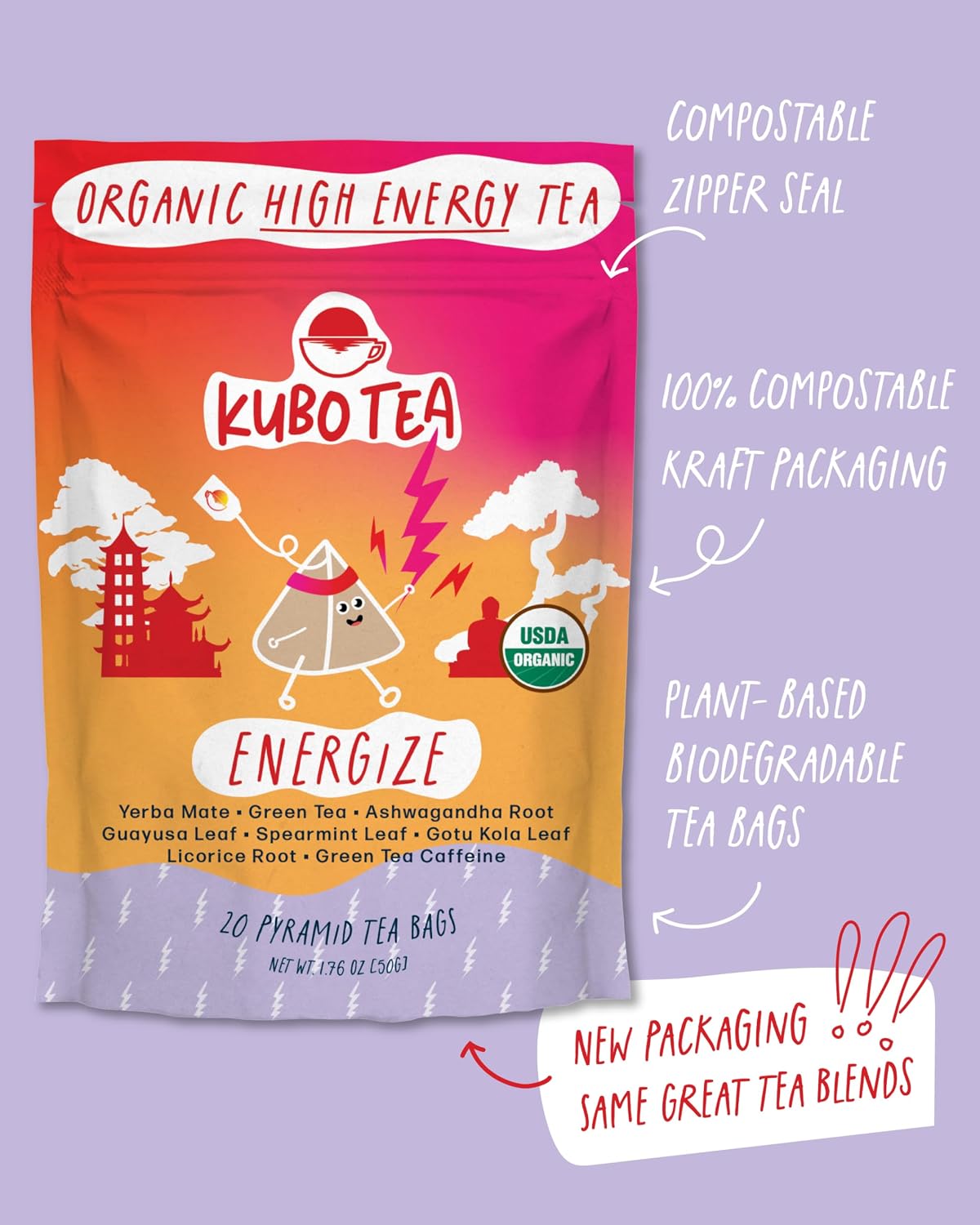 Kubo Energize Yerba Mate Tea, Organic High Caffeine Energy Tea Bags - 20 Ct