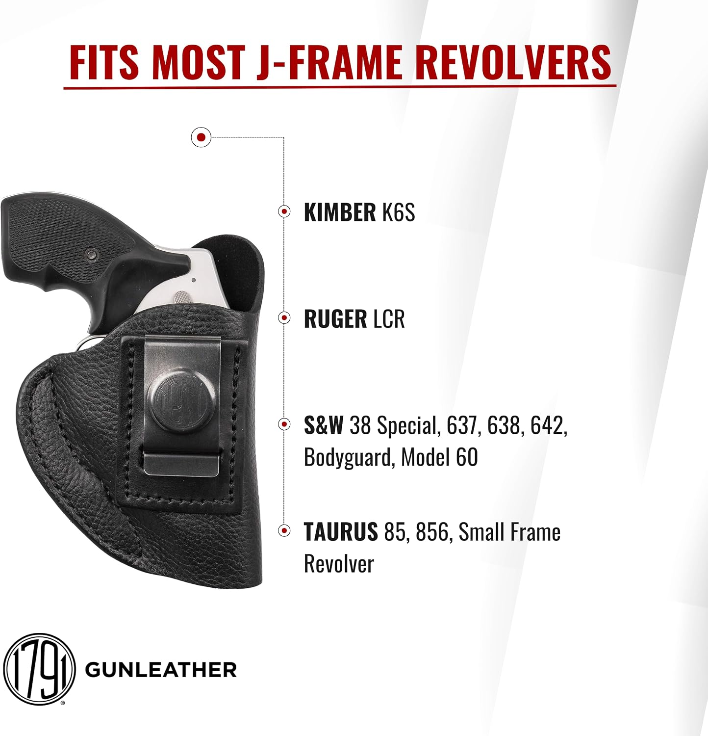 1791 Gunleather IWB Holster Fits J-Frame, 38 Special & Snub Nose Revolvers | Soft leather holster fits Ruger LCR, S&W 642, 637, 638, Bodyguard, Model 60, Taurus 85, 856, Kimber K6S, J-Frame