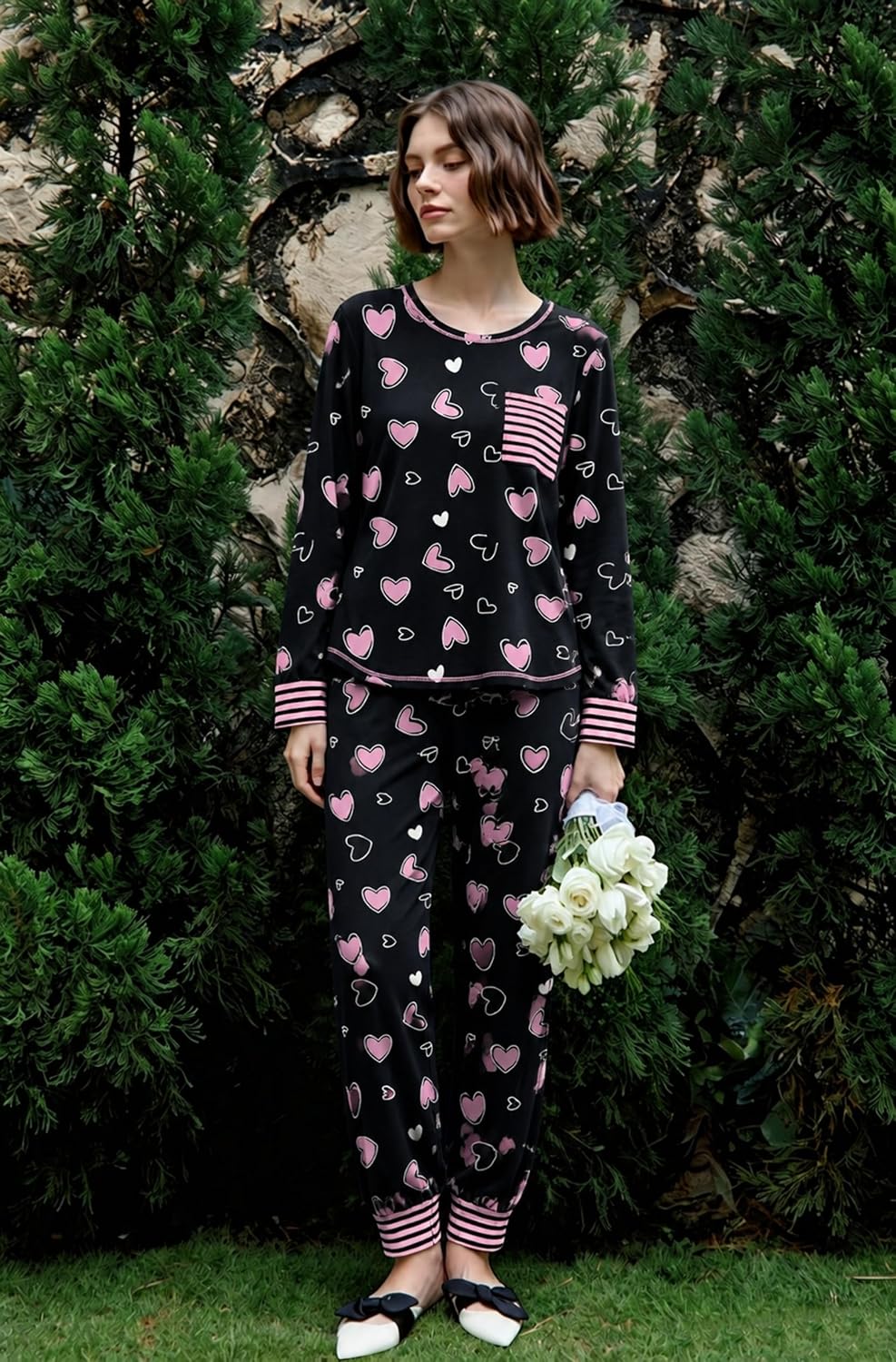 SWOMOG Women’s Pajamas Set Long Sleeve Sleepwear with Long Pants Soft Modal Loungewear Pj Set
