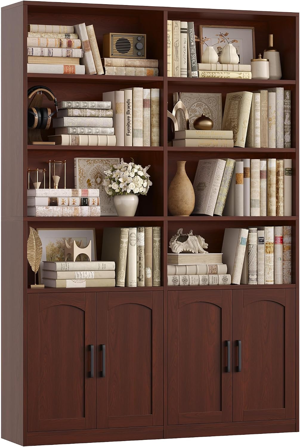 Bookshelf and Bookcase with Doors, Double Wide Large Bookshelves | Industrial Open Display Shelves 6 Tier, 73'' Tall Bookshelf with Storage Cabinets for Office,Home, Living Room, Library,White
