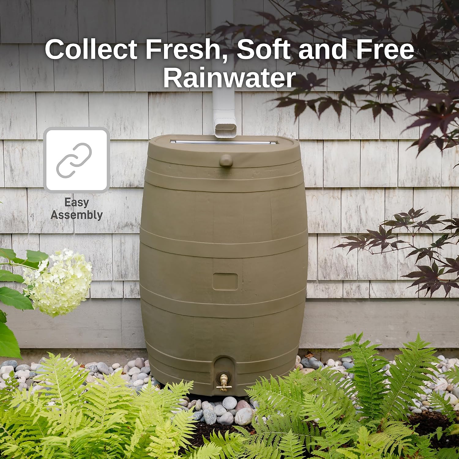 Flat Back Rainwater Gutter Barrel Water Collector Storage Drum Garden Pot- Tan