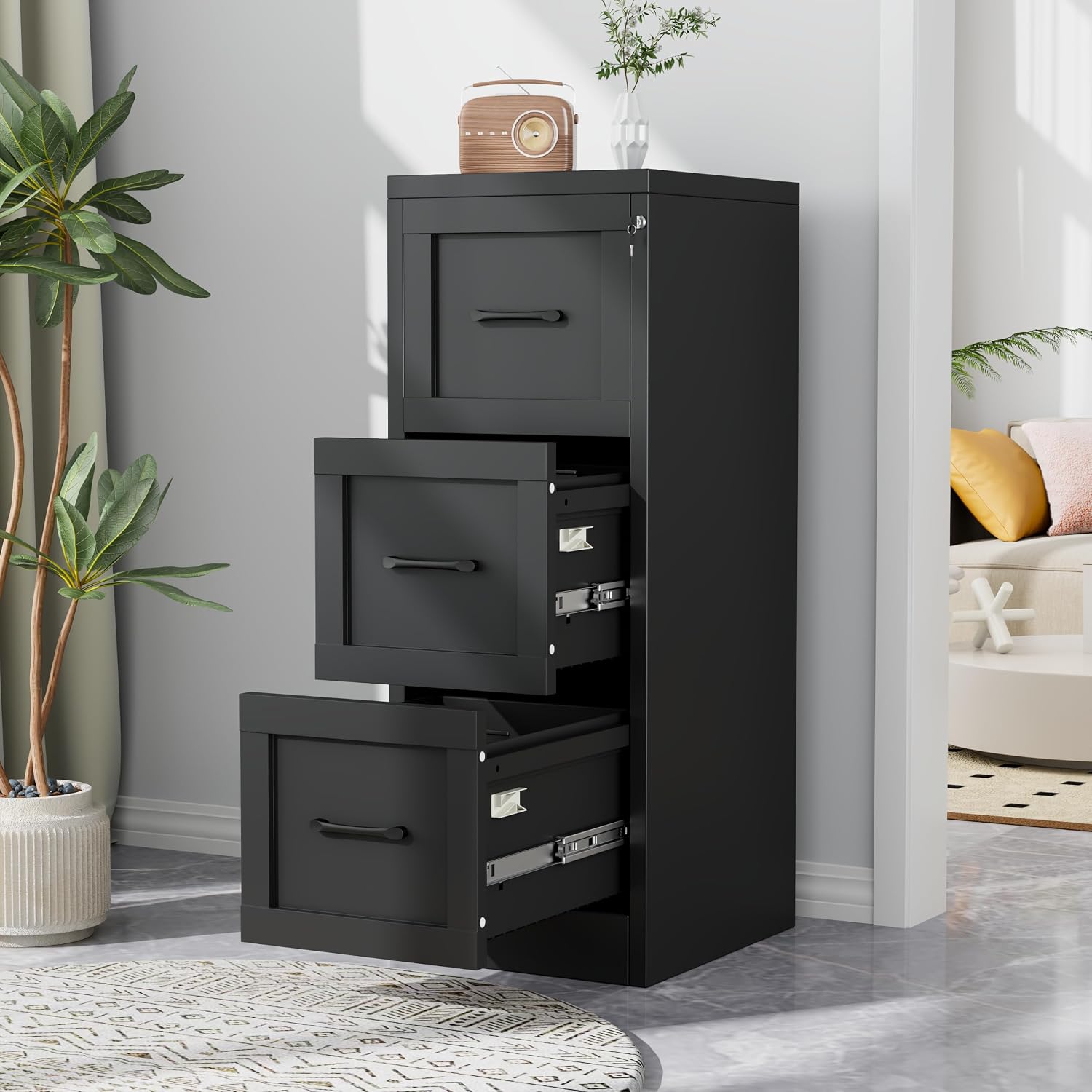 3 Drawer File Cabinet, Office Mobile Filing Cabinet, Printer Stand | All-in-One Office Storage, 3 Storage Drawers, 2 Adjustable Shelves, Lockable Cabinet, 4 Casters, 46.5-Inch Top