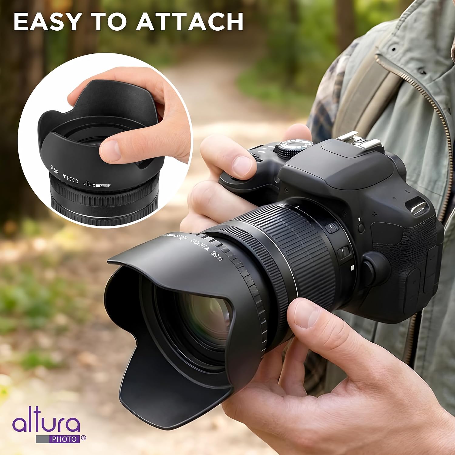 Altura Photo 58mm Camera Lens Hood for Canon Rebel T7, T6, EOS Accessories | Blocks Glare & Protects Your Lens from Bumps, Easy Snap-On Fit