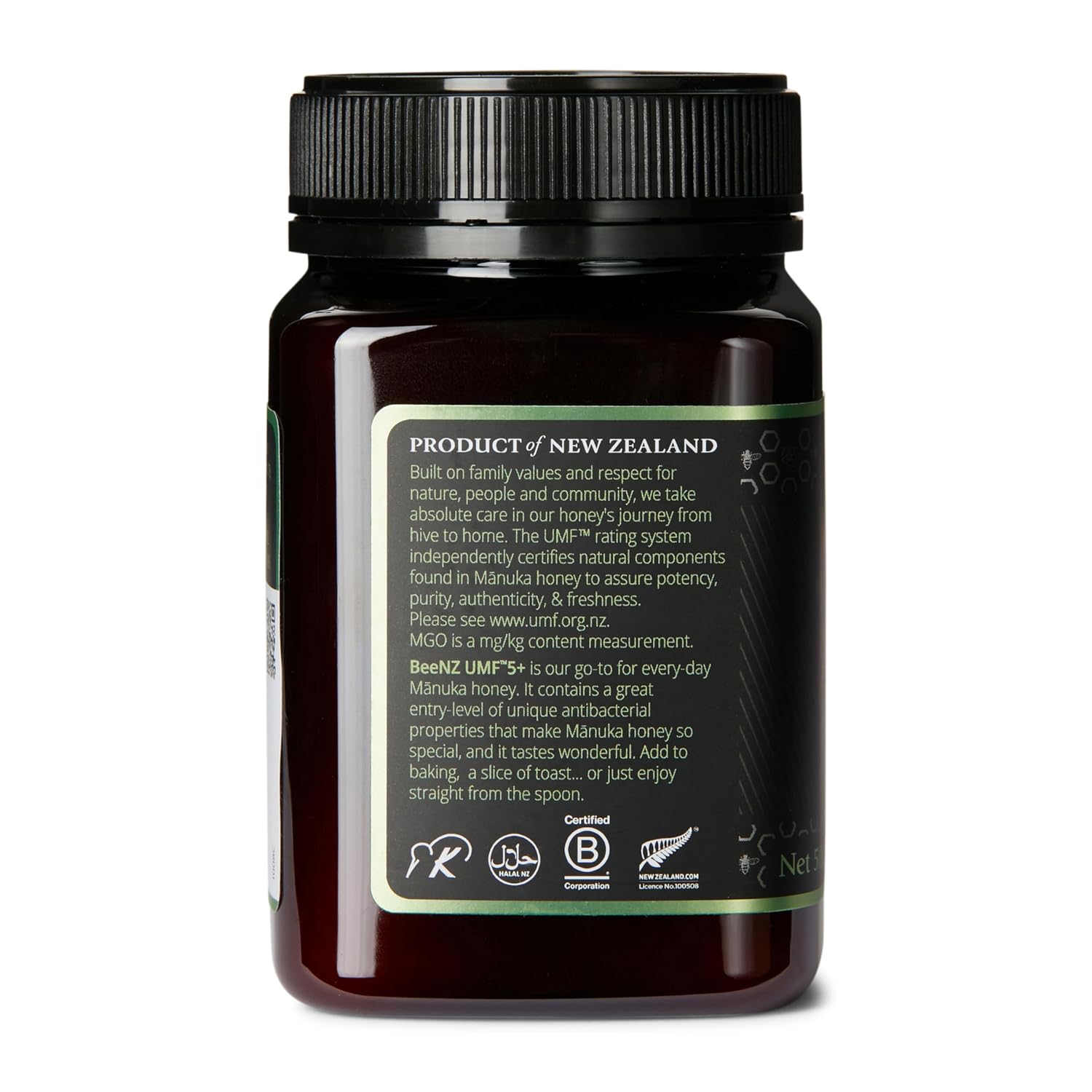 BeeNZ Raw Mānuka Honey, Certified UMF 5+ (MGO 83+), Pure New Zealand Monofloral Mānuka, Natural Sweetener, Superfood for Daily Wellness Support, No Sugar Added, Traceable from Hive to Jar, 17.6 oz/500g