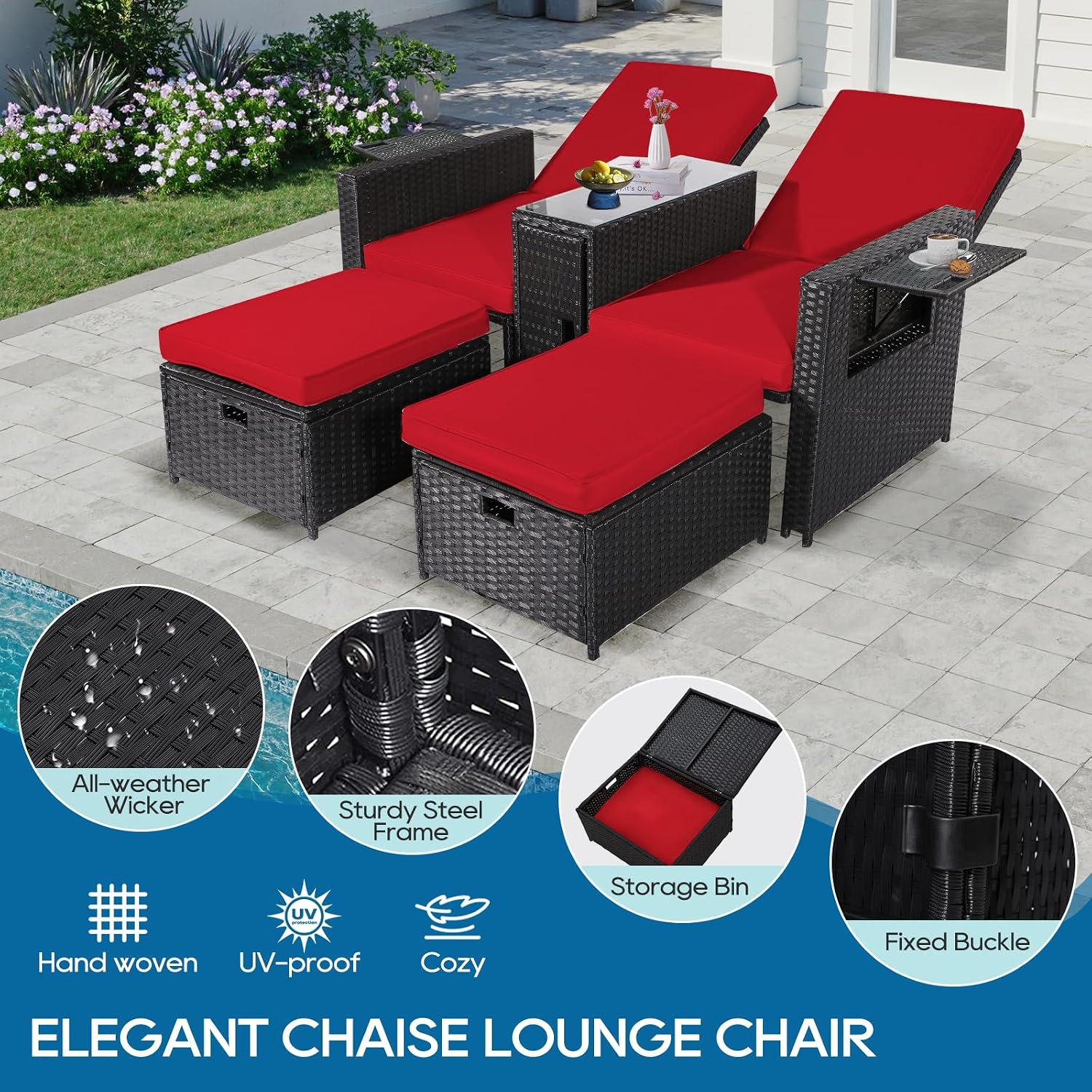 5PCS Outdoor Wicker Chaise Lounge Chair - Rattan Adjustable Reclining Patio Lounge Chair with Ottoman and Coffee Table