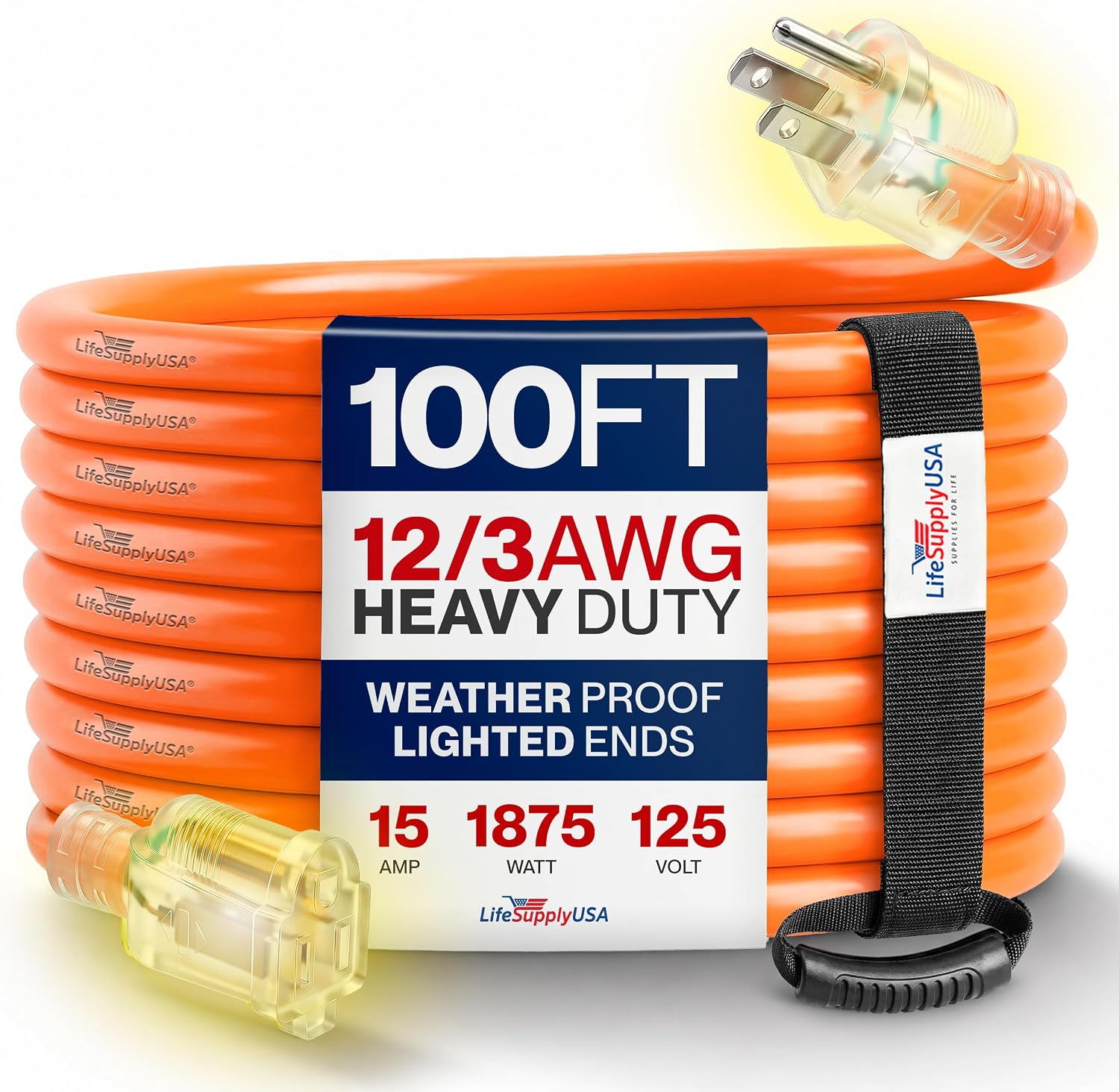 25ft Outdoor/Indoor Extension Cord 12/3 Gauge Extra Heavy Duty 3 Prong SJTW, Waterproof, Flexible Cold-Resistant Long Power Cord,15A 125V 1875W, Yellow by LifeSupplyUSA