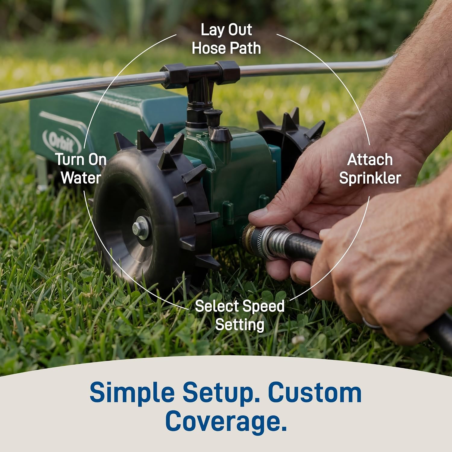Orbit Traveling Tractor Water Sprinkler - Self-Propelled Traveling Sprinkler for Wide Lawn Coverage - Cast-Iron Body with Adjustable Coverage