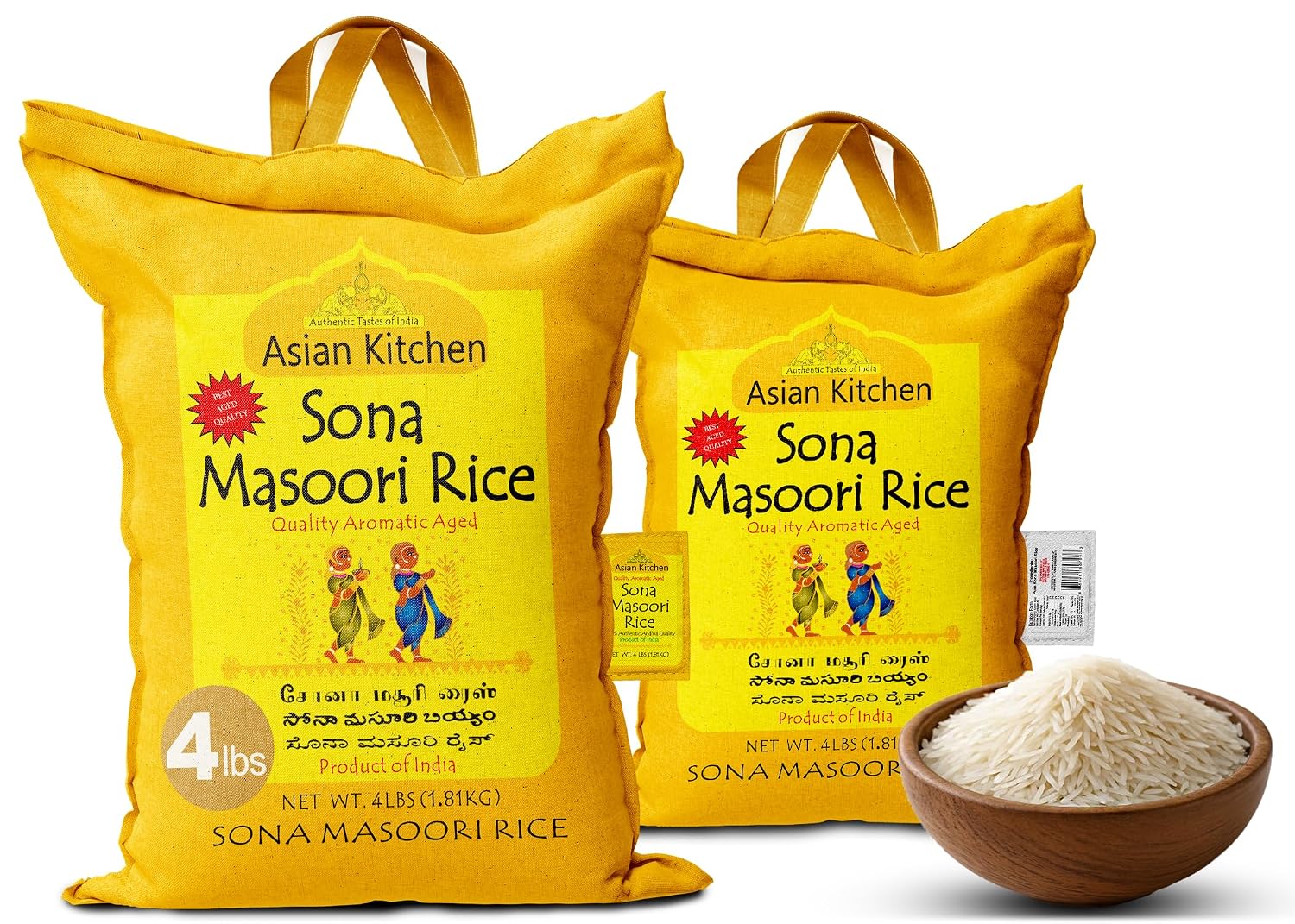 Asian Kitchen White Sona Masoori Aged Rice 20-Pound Bag, 20lbs (9.08kg) Short Grain Rice ~ All Natural | Gluten Friendly | Vegan | Kosher | Indian Origin | Export Quality