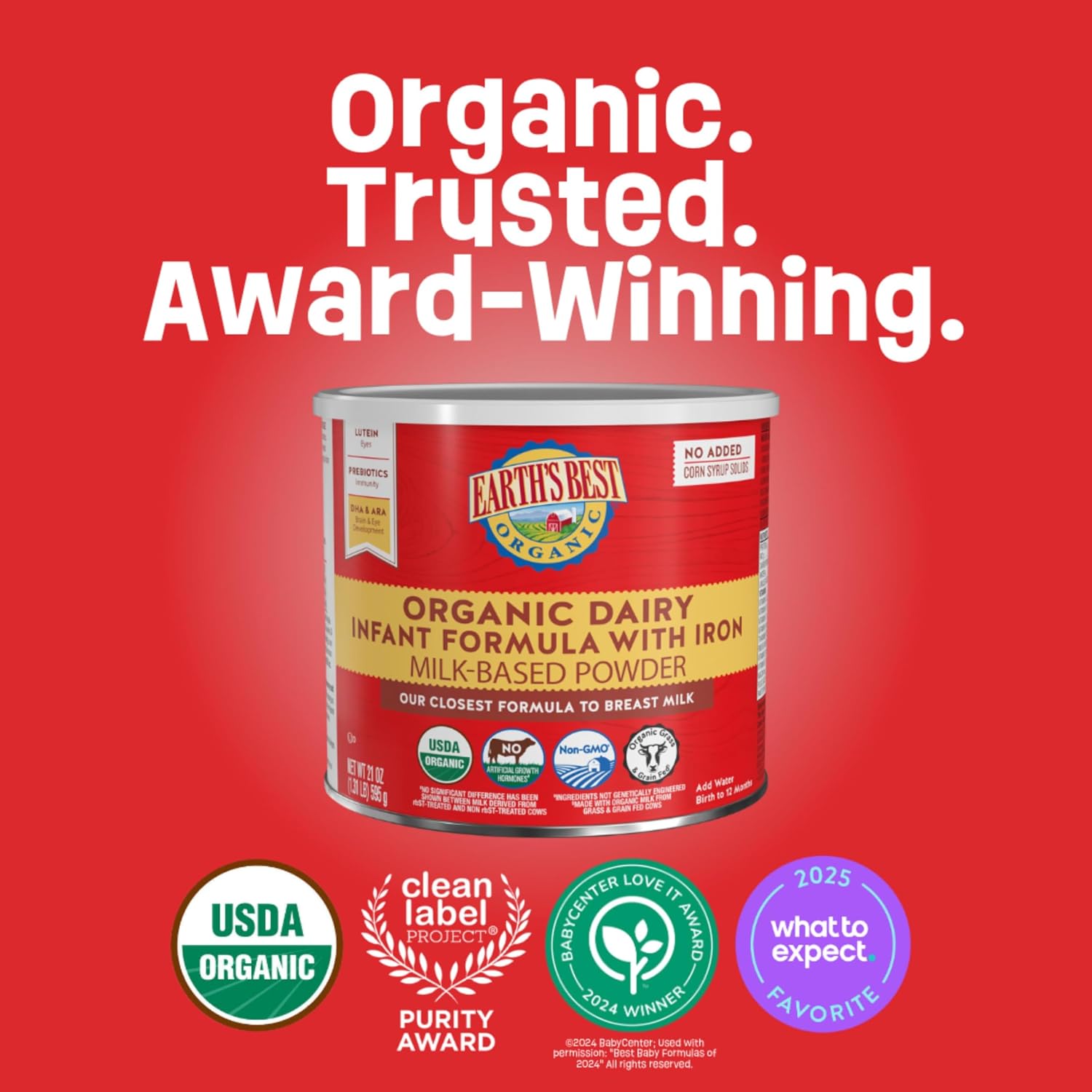 Earth's Best Organic Baby Formula for Babies 0-12 Months, Powdered Dairy Infant Formula with Iron, Omega-3 DHA, and Omega-6 ARA, 32 oz Formula Container