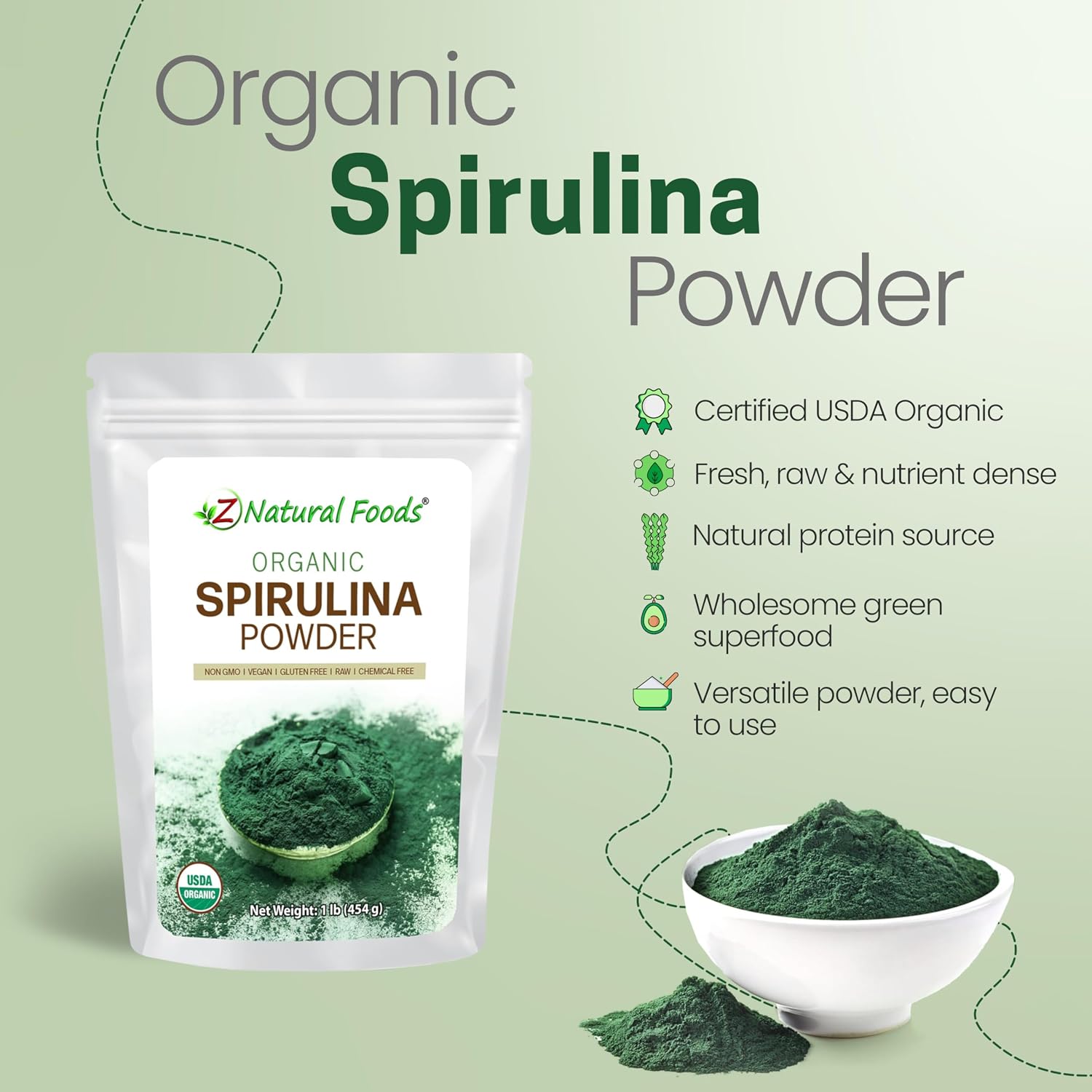 Z Natural Foods Organic Spirulina Powder - 16 oz (Pack of 1) | Organic, Blue-Green Algae Superfood, Spirulina, Raw, Contains Amino Acids, Mixes in Smoothies, Yogurt & Recipes