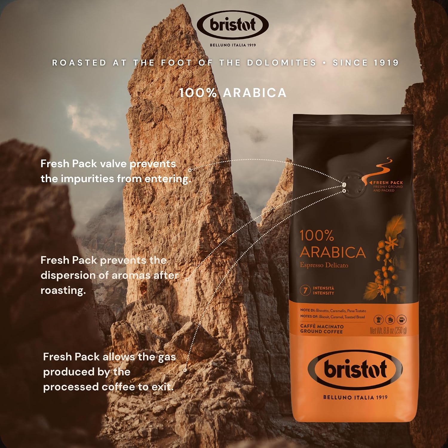 Bristot Espresso Cremoso Italiano Ground Coffee – Medium Roast, Rich & Smooth – 8.8oz (250g) Bag – Italian Ground Espresso for Home Machines