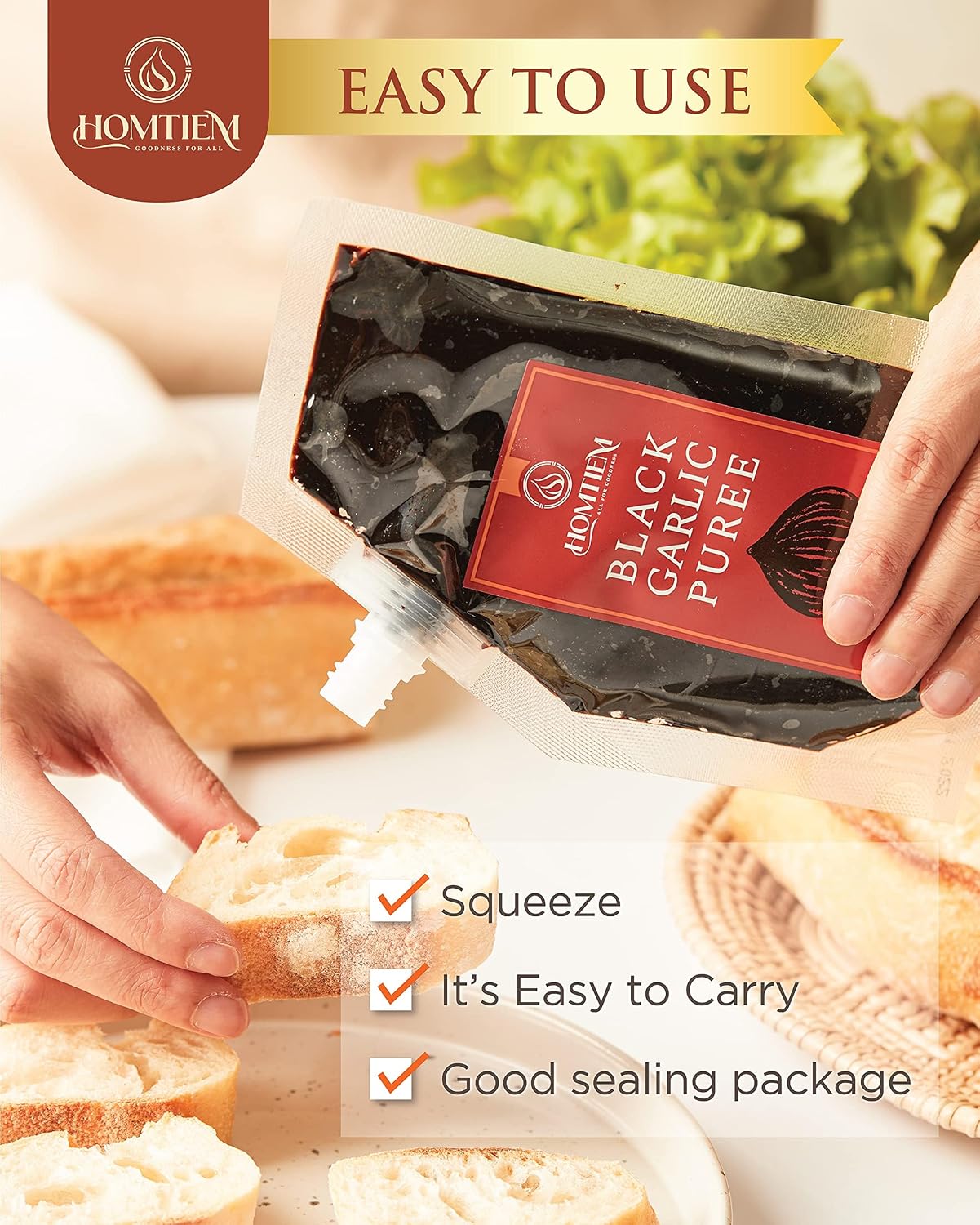 Homtiem Black Garlic Puree 150g. (Made from Solo Black Garlic 100%), Whole Black Garlic Fermented for 90 Days, Non-GMOs, High in Antioxidants