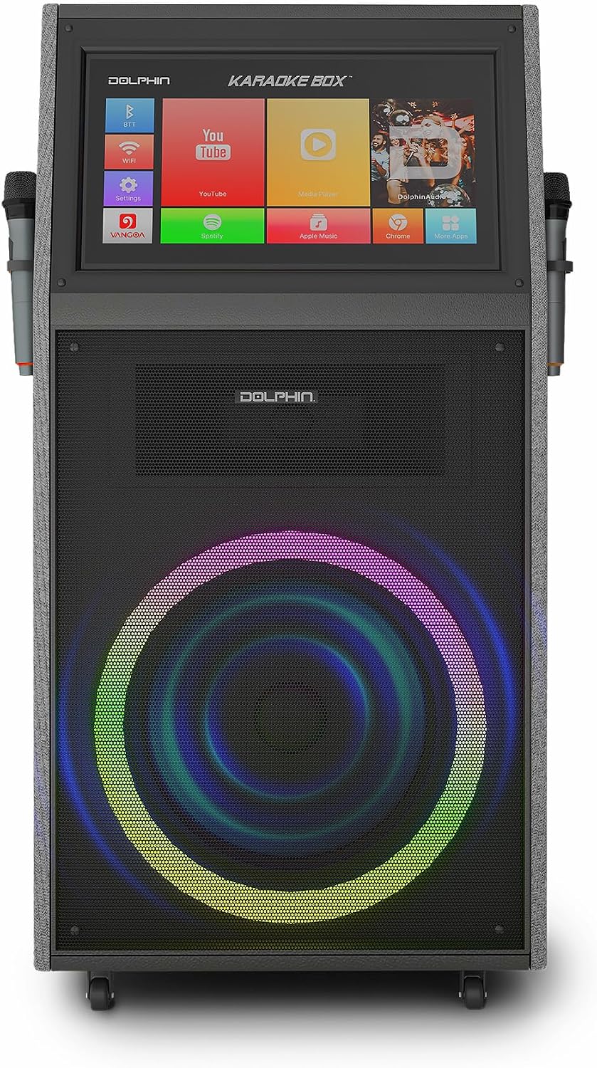 Dolphin Karaoke Machine with 2 Wireless Microphones, 18" Woofer | 18.5" Touchscreen, Android 12, Bluetooth, HDMI, USB, TF, AUX & FM Inputs