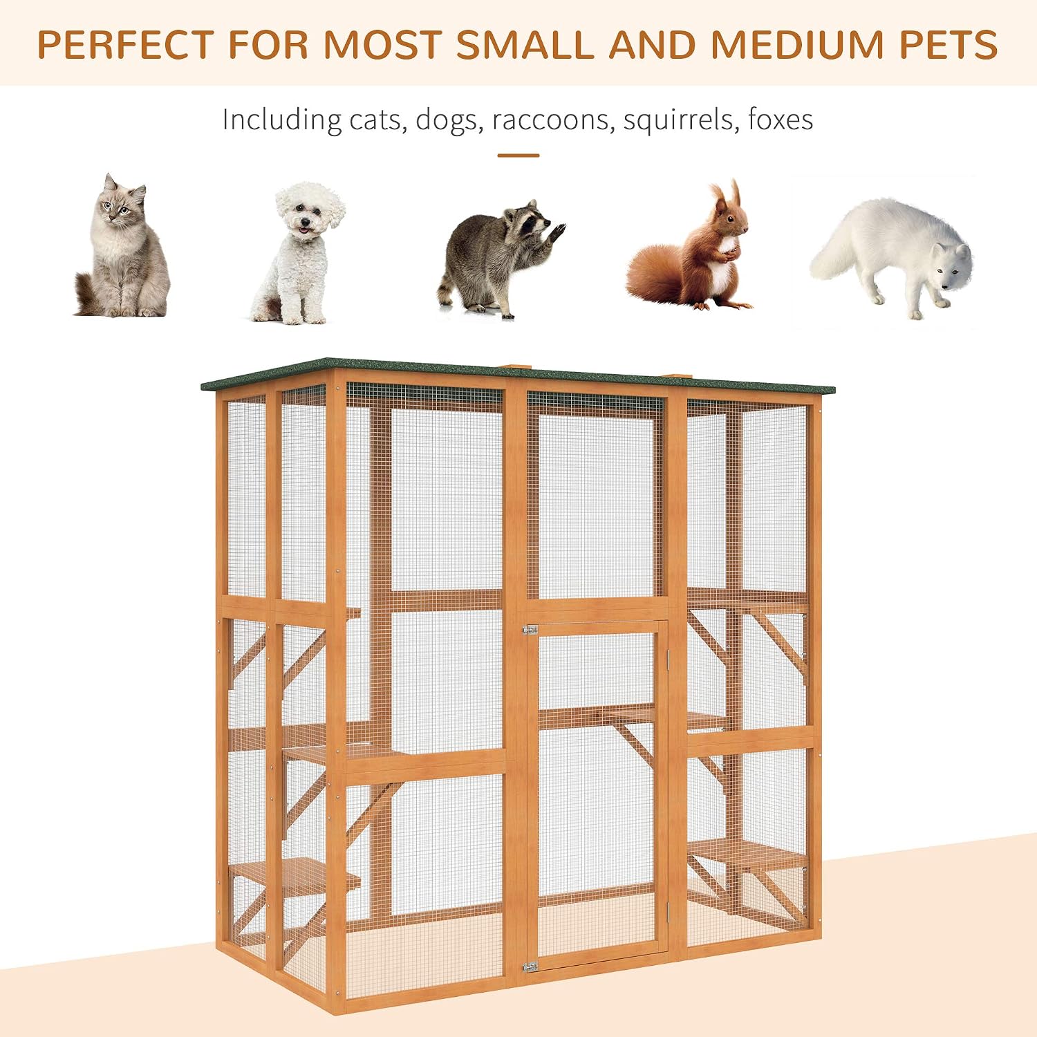 PawHut Outdoor Cat House Big Catio w/Large Spacious Interior 71" L Orange | Wooden Feral Cat Shelter Enclosure, 6 High Ledges