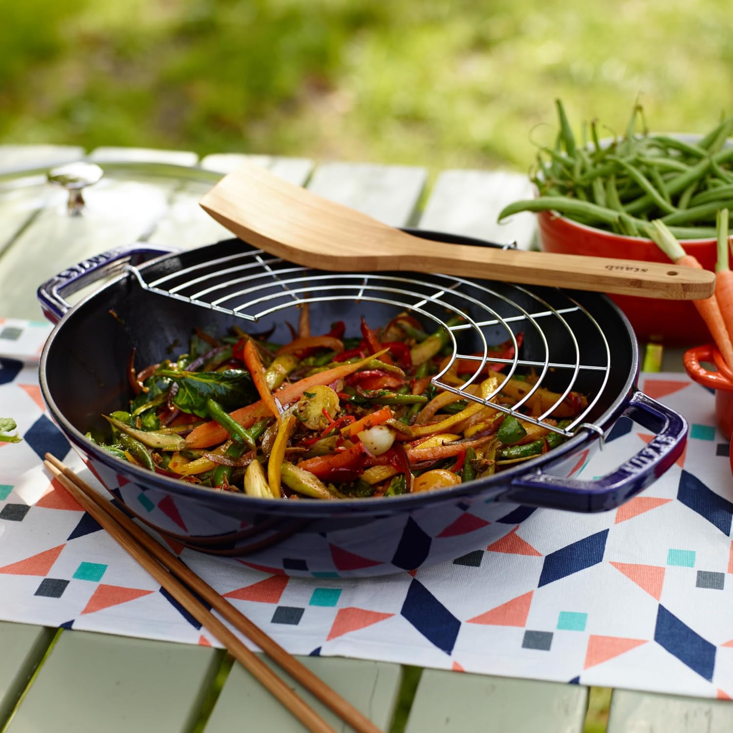 Staub Cast Iron Perfect Pan, Wok, Dutch Oven, 4.5-quart, serves 4-5, Made in France, Dark Blue