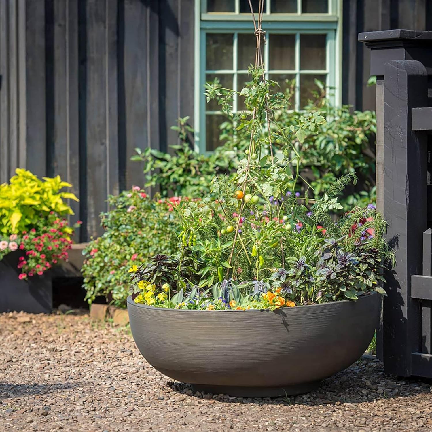 Crescent Garden Orinoco Planter Bowl – Double-Walled Resin Pot for Succulents, Flowers Without Drain Hole - 21" W x 8.25" H (Weathered Concrete)