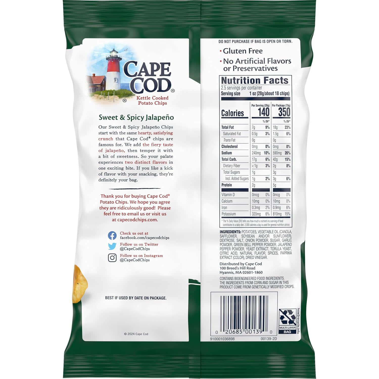 Cape Cod Sweet & Spicy Jalapeno Chips, 7.5 Oz Bag