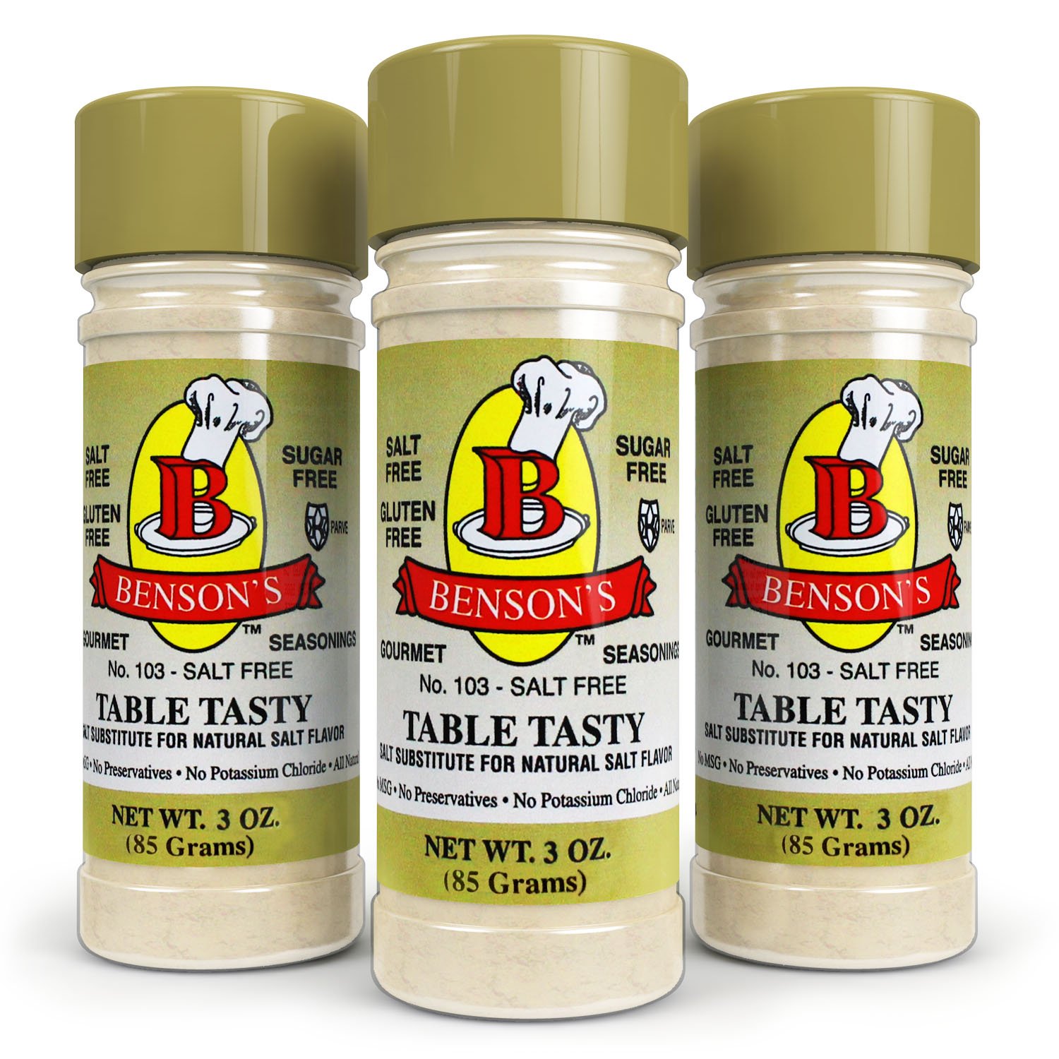 Bensons - 3-Pack Table Tasty No Potassium Chloride Salt Substitute - No Bitter After Taste - Good Flavor - No Sodium Salt Alternative (3 oz) (Pack