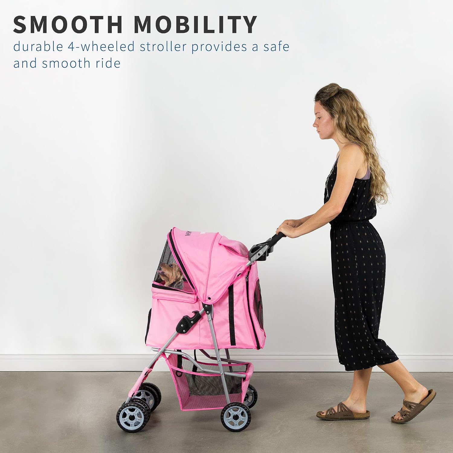VIVO Black 4 Wheel Pet Stroller for Cat, Dog and More, Foldable Carrier Strolling Cart, STROLR-V001K