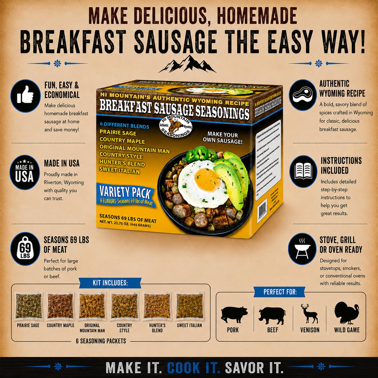 Hi Mountain Breakfast Sausage Seasoning | ORIGINAL MOUNTAIN MAN | 24 lbs | Hearty Old West mix for homemade pork, venison, deer, elk & wild game sausage patties or breakfast sausage links