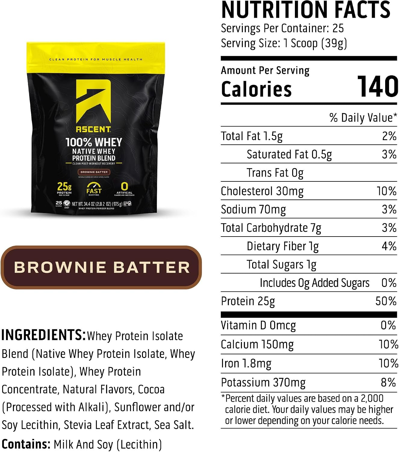 Ascent 100% Whey Protein Powder - Post Workout Whey Protein Isolate, Zero Artificial Flavors & Sweeteners, Gluten Free, 5.5g BCAA, 2.6g Leucine, Unflavored 2 lb