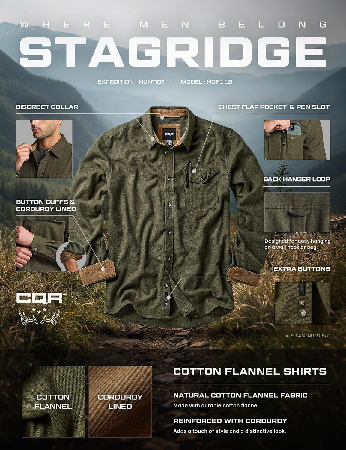 CQR Men's 100% All Cotton Button Down Flannel Shirts, Long Sleeve Brushed Warm Soft Casual Outdoor Plaid Shirt