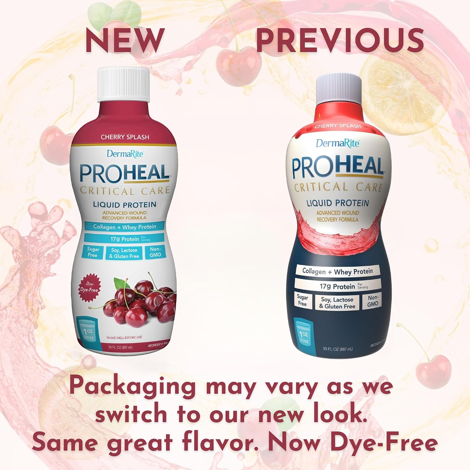 DermaRite ProHeal Protein Supplement, Cherry Splash Flavor, 30 oz, 1 ct | Liquid Protein Wound Recovery Formula, 15g of Collagen and Whey Protein