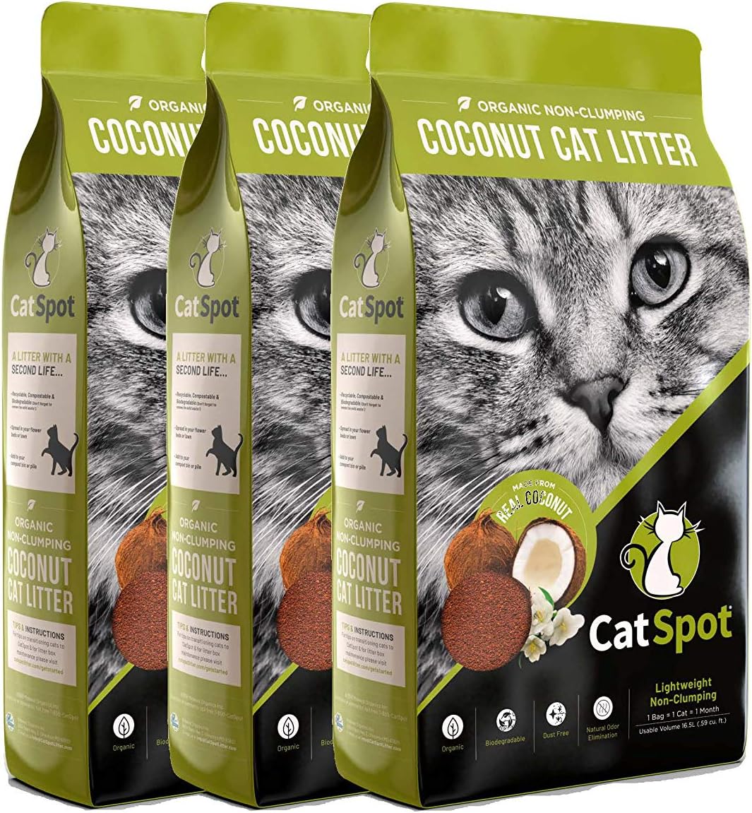 CatSpot Non-Clumping Litter: Coconut Cat Litter, All-Natural, 100% Organic, Biodegradable, Lightweight & Dust-Free (Non-Clumping, 3 Bags)