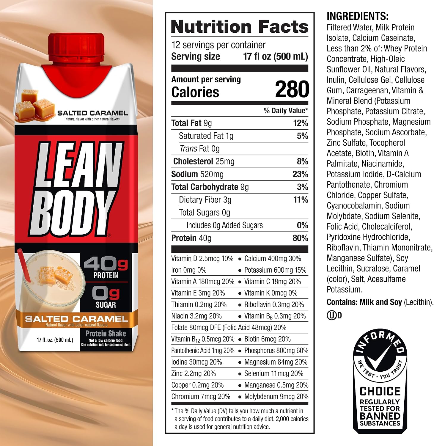 Labrada Lean Body Ready-to-Drink Chocolate Protein Shake, 40g Protein, Whey Blend, 0 Sugar, Gluten Free, 22 Vitamins & Minerals, LABRADA, 17 Fl Oz (Pack of 12)