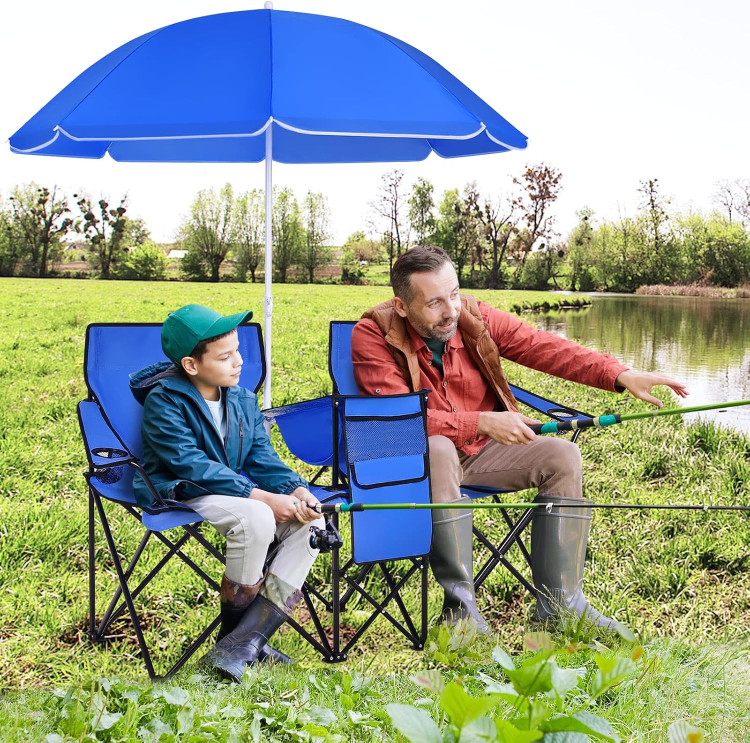 COSTWAY Double Portable Picnic Chairs, Folding Camping Chairs w/Detachable Umbrella, Cooler Bag, Cup Holders, Patio Beach Camping Chairs for Outdoors, Blue | Detachable Umbrella, Cooler Bag, Cup Holders, Patio Beach Camping Chairs for Outdoors, Blue
