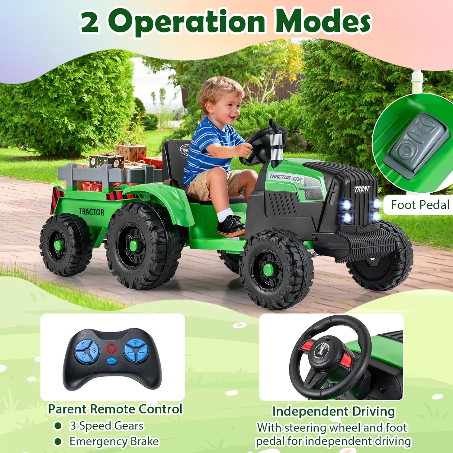Costzon Ride on Tractor with Detachable Trailer, Kids' Electric Vehicles w/3-Gear-Shift Ground Loader, Wireless Design & USB, 7 LED Headlights