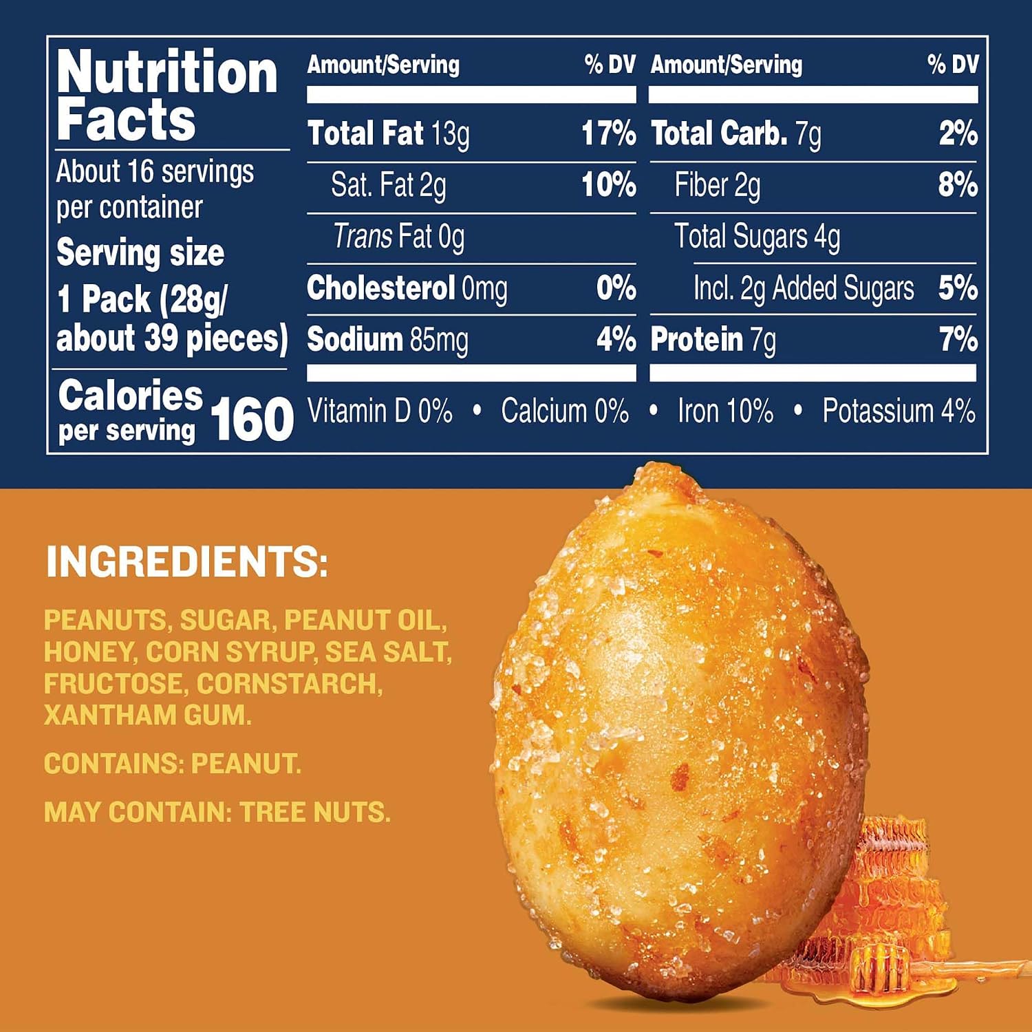 PLANTERS Honey Roasted Peanuts, Plant Based Protein Snacks, 16 Oz (1 Ct) | Roasted Sweet & Salty Nuts. Kosher. Resealable Jar. Snacks for Adults. Party Mix, Party Snacks