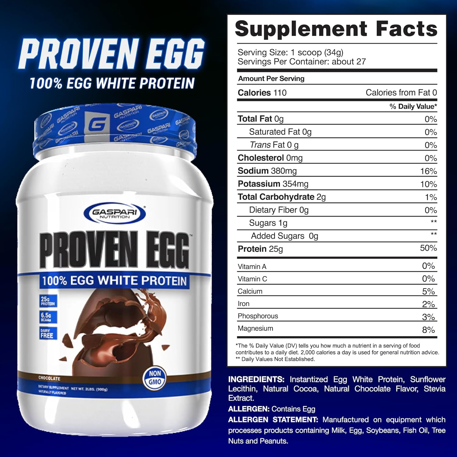 Gaspari Nutrition Proven Egg White Protein Powder, 25g Chocolate Protein Powder, 100% Egg White Protein, Keto Friendly, Dairy and Lactose Free, Soy Free (2 lbs, Chocolate)