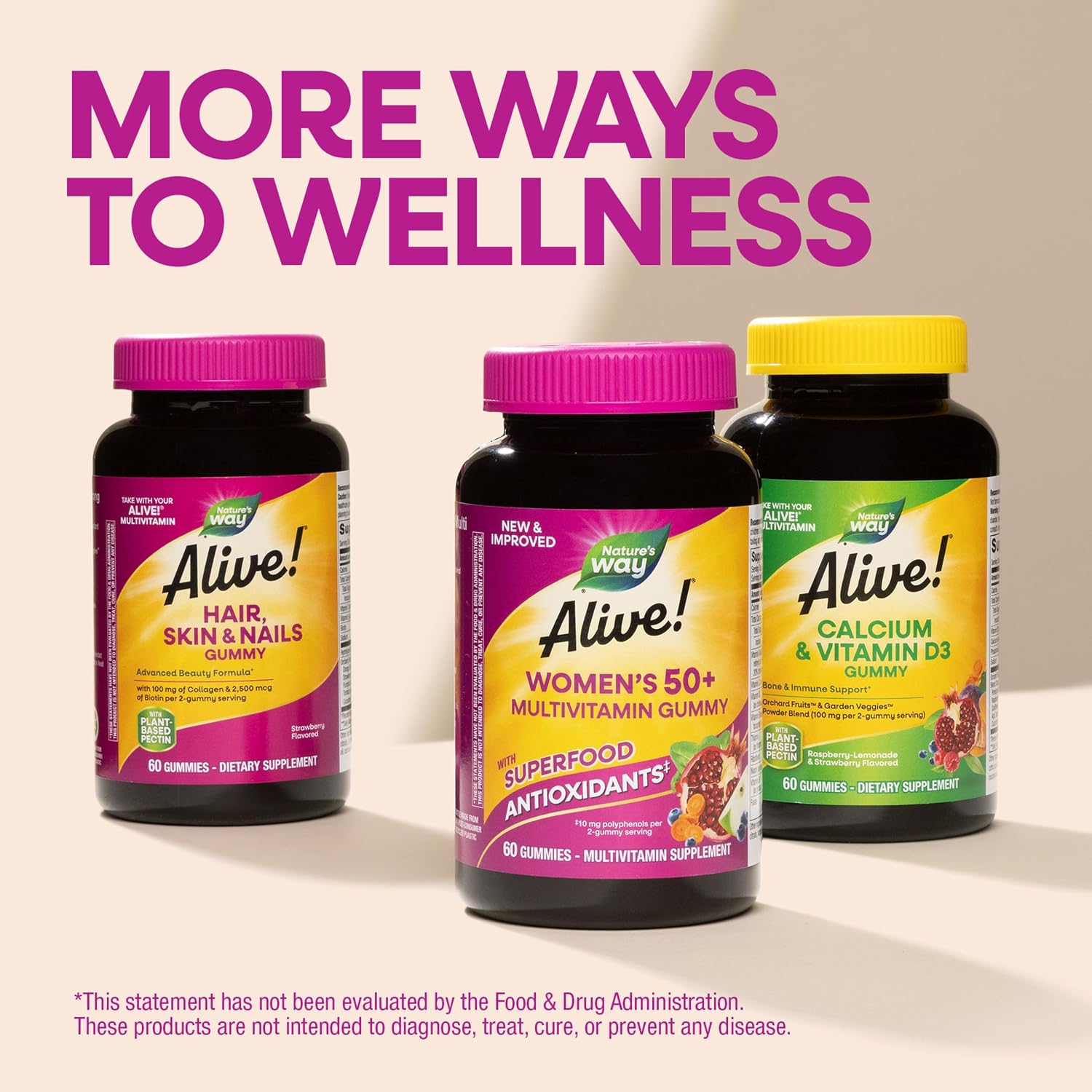 Nature's Way Alive! Women's 50+ Multivitamin Gummies, Mixed Berry, 60 ct | Daily Gummy Multi with B-Vitamins, Vitamin D3 & Calcium to Support Heart, Brain, & Bone Health for Women 50 and Older*