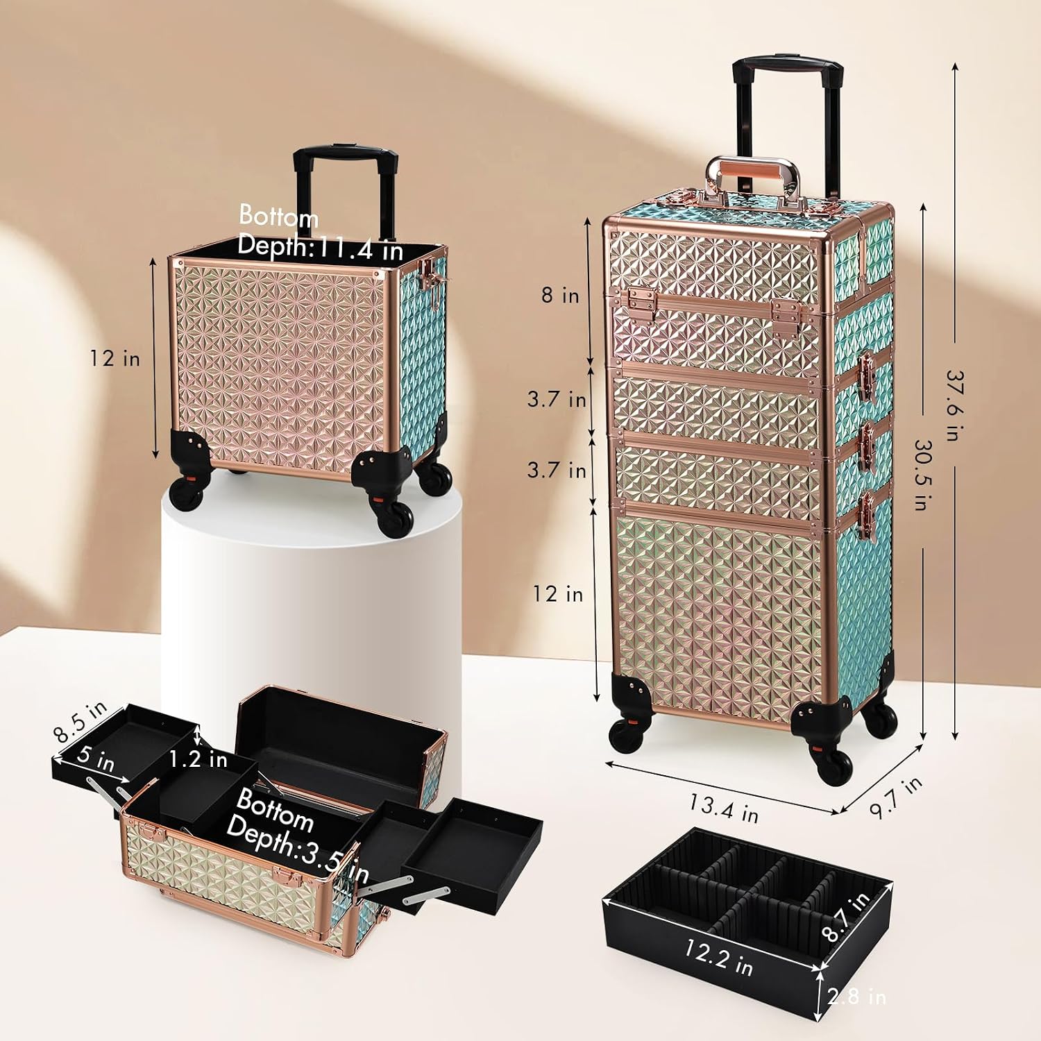 Stagiant Rolling Makeup Case Cosmetology Case on Wheels 4 in 1 Large Cosmetic Organizer Train Case Makeup Travel Case with Key Swivel Wheels Nail