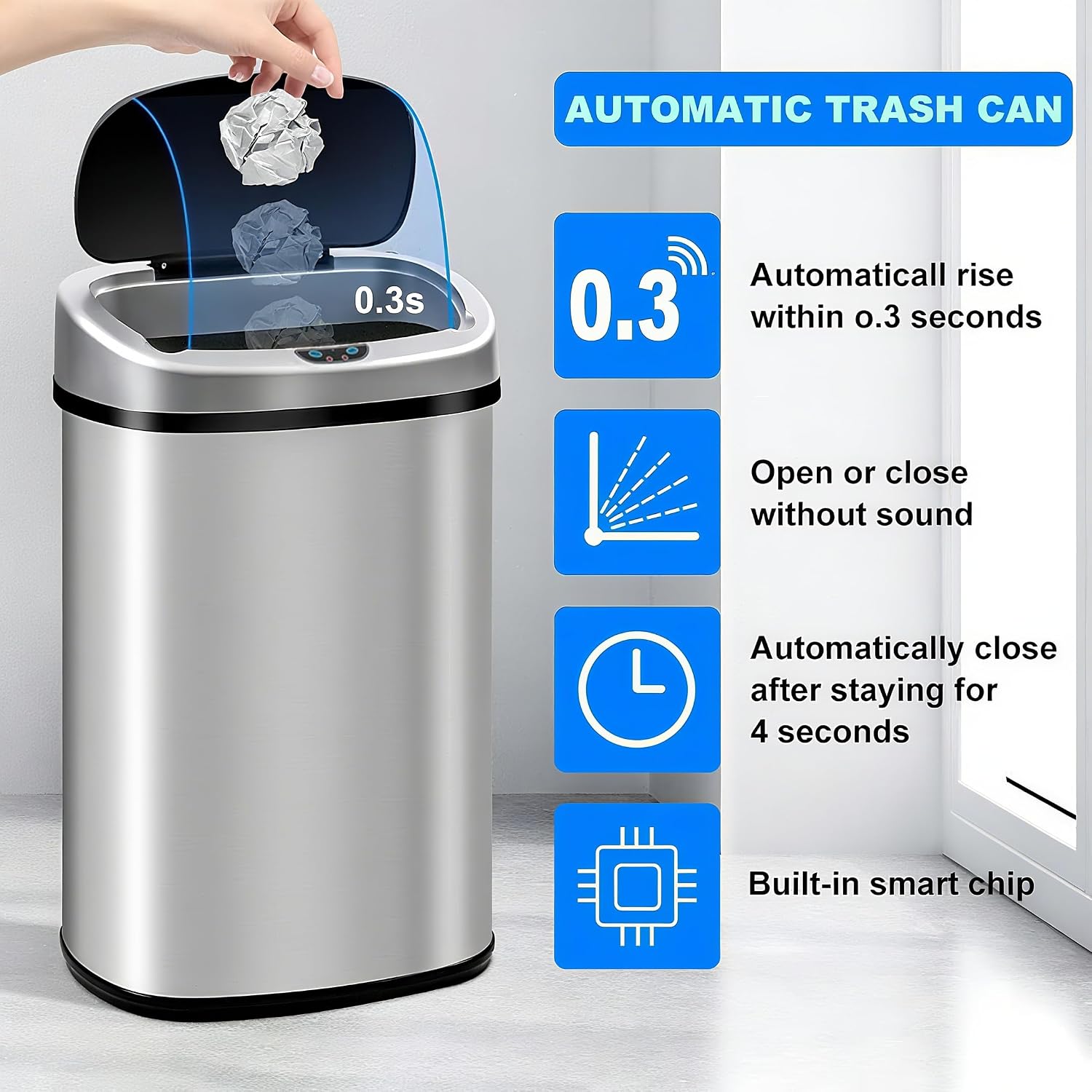 13 Gallon Touch-Free Automatic Stainless-Steel Trash Can Garbage Can Metal Trash Bin with Lid for Kitchen Living Room Office Bathroom, Electronic Motion Sensor Automatic Closure & Opening