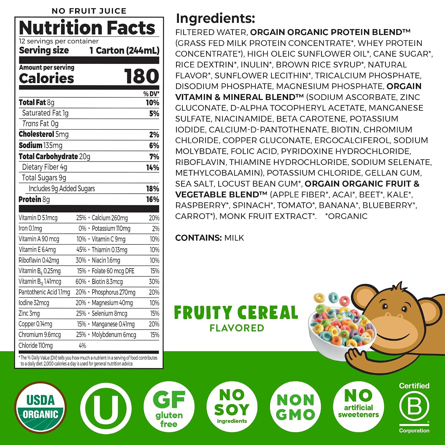 Orgain Organic Kids Dairy 8g Protein Shake, Chocolate, 8.25 oz, 12pk | Nutritional drink, grass-fed protein, 22 vitamins & minerals, 3g fiber, non-GMO, no soy, healthy snack for picky eaters