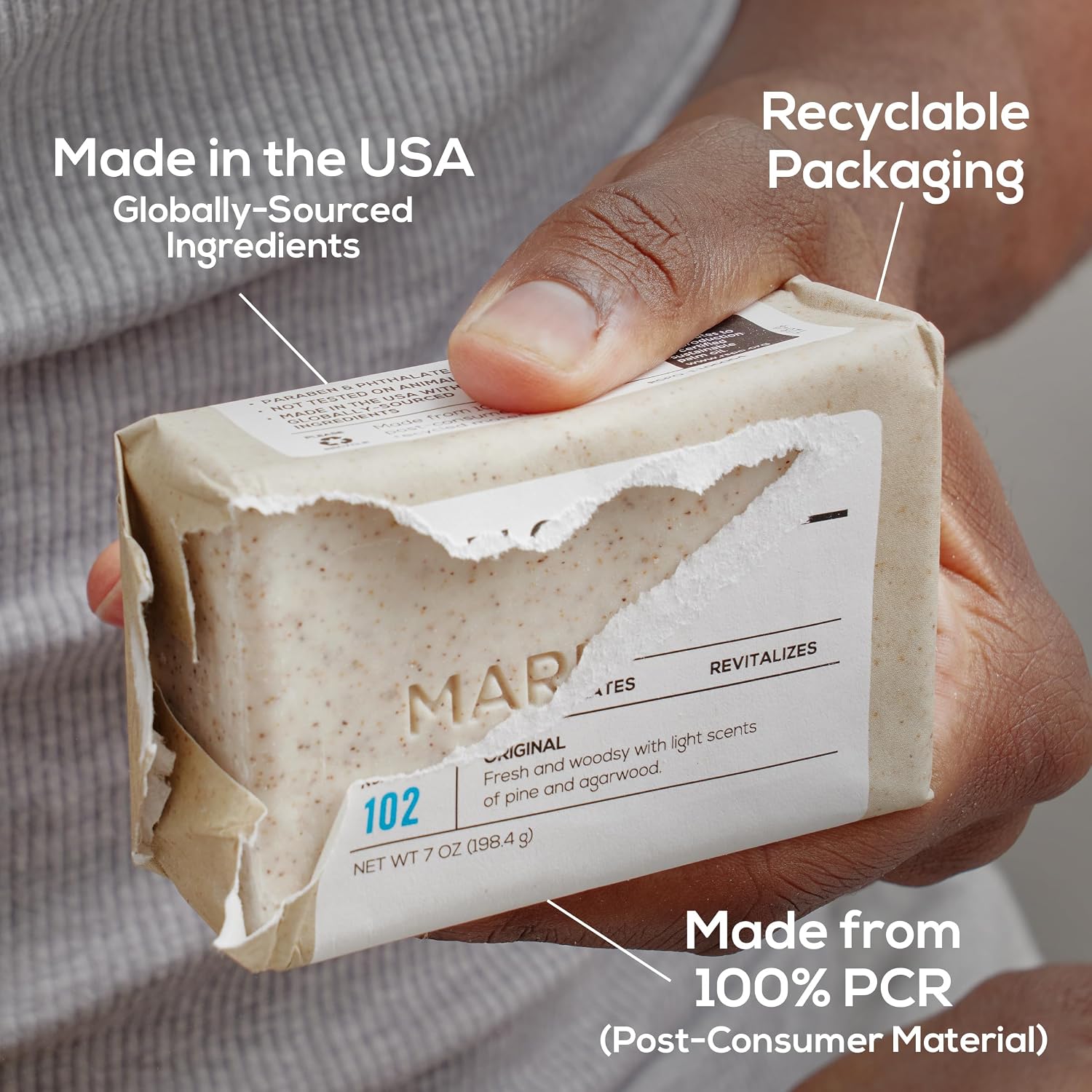 MARLOWE. Body Scrub Soap, Exfoliating Soap Bar, Sage + Fir, 7 oz | Scrub Soap Bar that deeply cleanses and exfoliates while buffing away rough, dry skin. Original Sage + Fir scent.