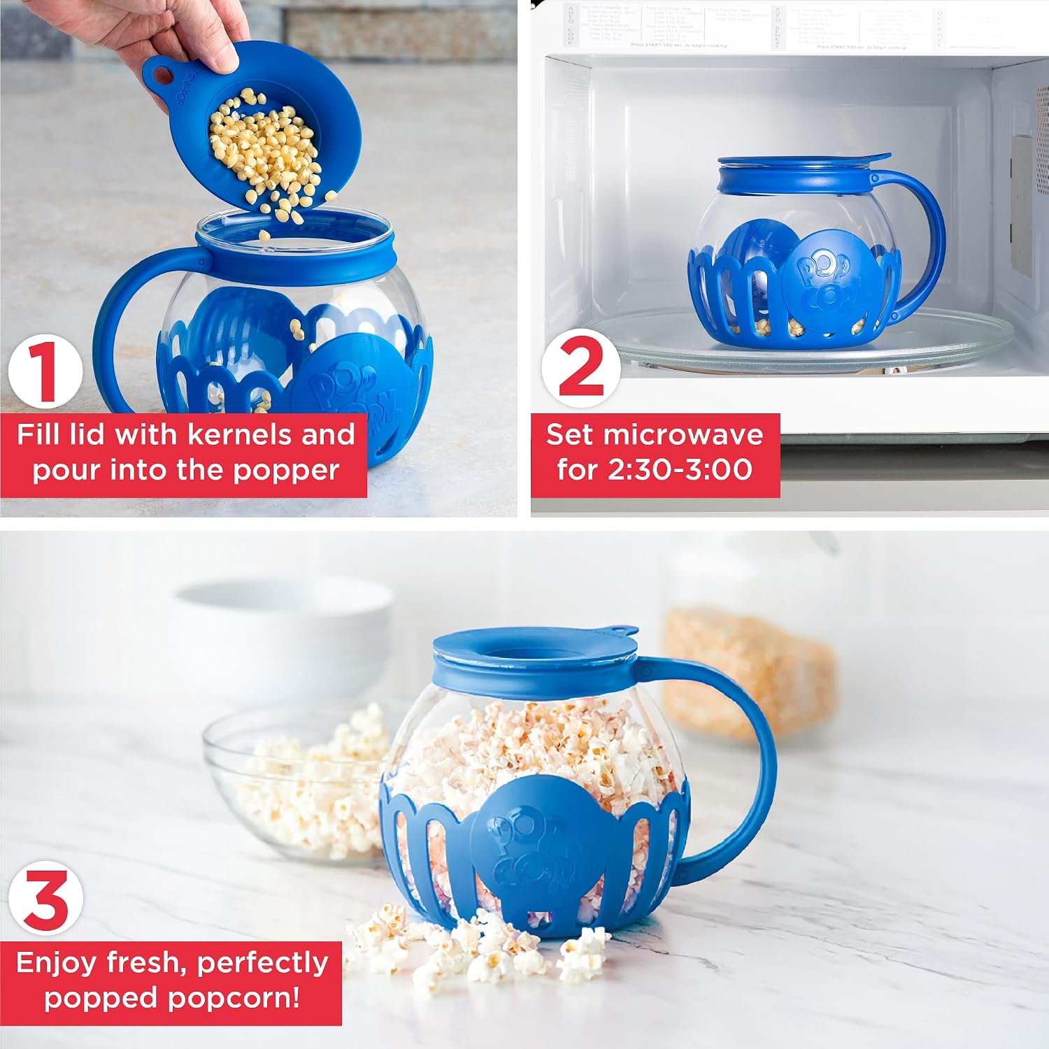 Ecolution Patented Micro-Pop Microwave Popcorn Popper with Temperature Safe Glass, 3-in-1 Lid Measures Kernels and Melts Butter, Made Without BPA, Dishwasher Safe, 3-Quart, Red