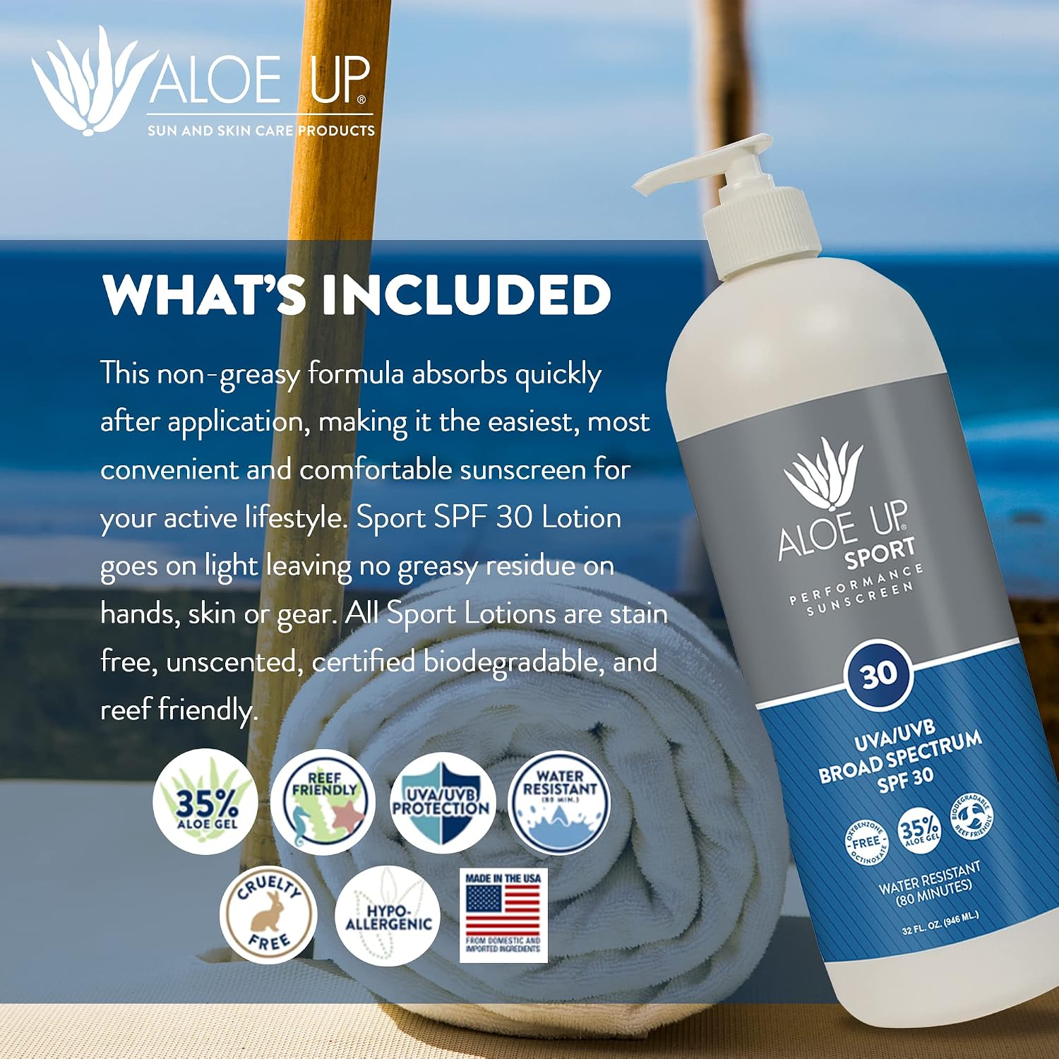 Aloe Up Sport Sunscreen Spray SPF 15, Water Resistant, Non-greasy, 6 oz | Broad-spectrum SPF 15; Water resistant up to 80 min; Non-greasy, With aloe vera gel, fragrance-free
