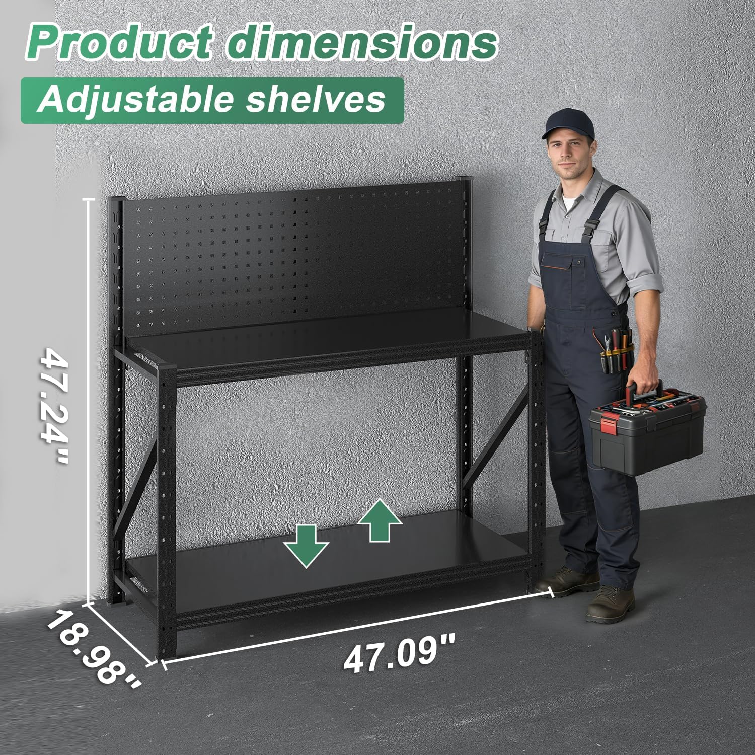 Work Bench with Pegboard,Heavy Duty 3000lbs Capacity Workbench Adjustable Shelves,Work Table for Garage Warehouse47.2 H*47.09" W*19" D