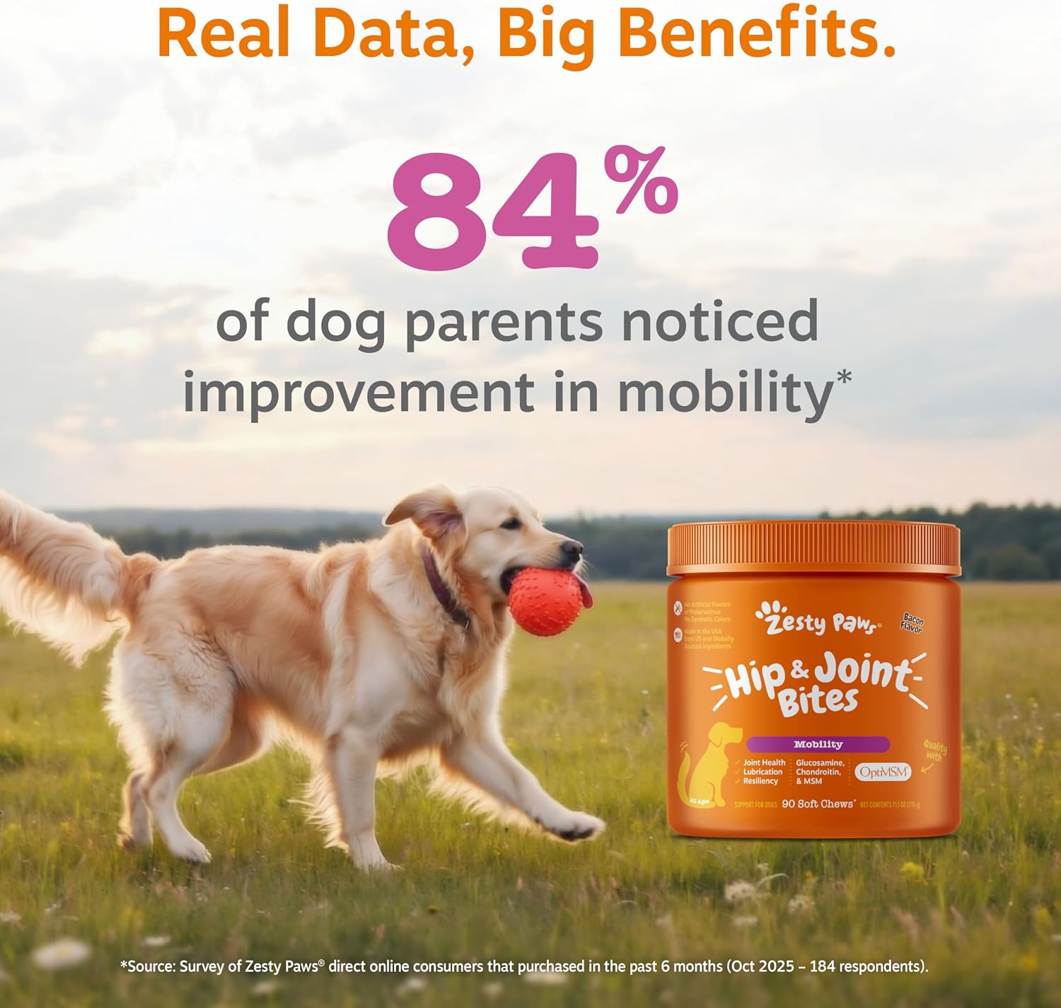 Zesty Paws Hip and Joint Supplement for Dogs - Glucosamine with Chondroitin, MSM, Vitamins C and E Dog Joint Relief - Mobility Bites Duck – 90 Count