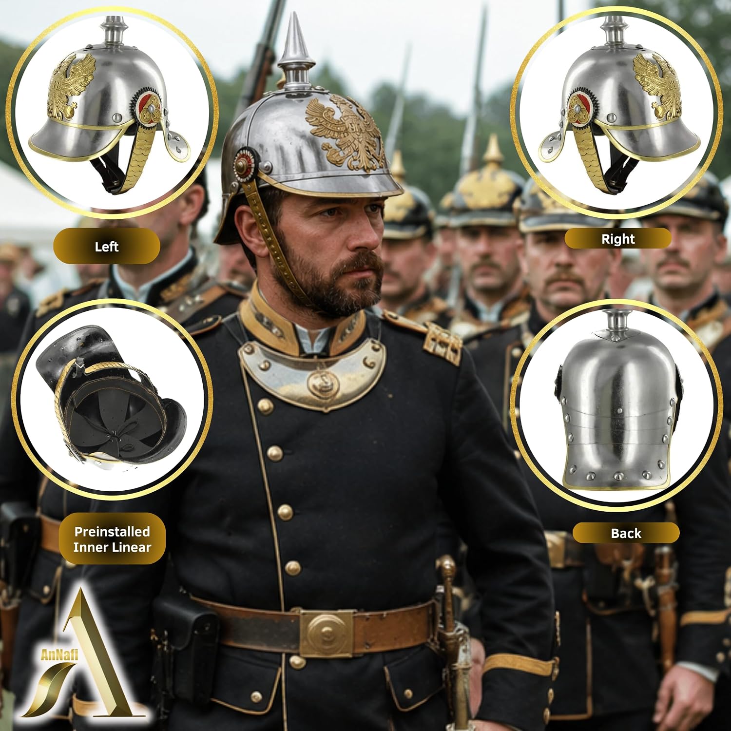 AnNafi® German Pickelhaube Military Helmet, Steel Imperial Prussian Officer Spiked, WWI & WWII Helmets Replica