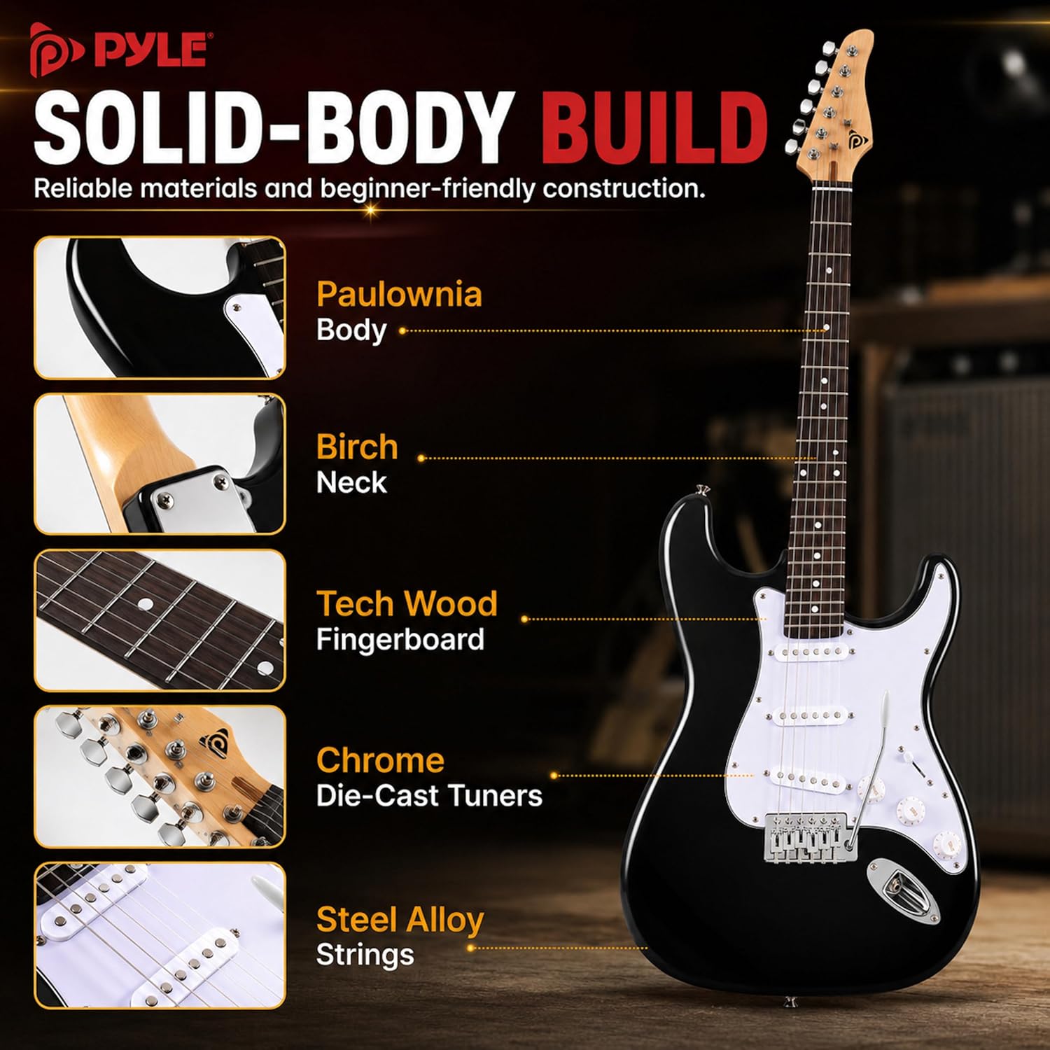 Pyle Electric Guitar and Amp Kit - Full Size 39" Complete Starter Kit with Wearable Bluetooth Amplifier, 1/4” Cable, Carry Case, Strap, Strings, Picks, Cleaning Cloth, ST-Style Pickups (Black)