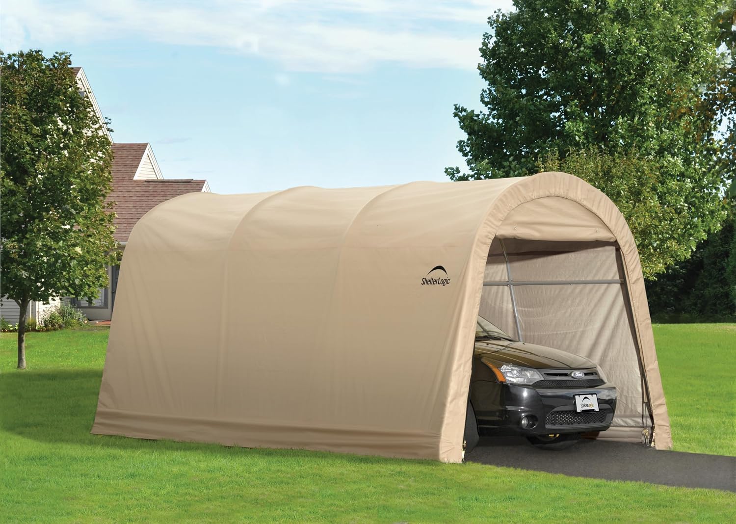 ShelterLogic 10' x 15' x 8' All-Steel Metal Frame Round Style Roof Instant Garage and AutoShelter with Waterproof and UV-Treated Ripstop Cover