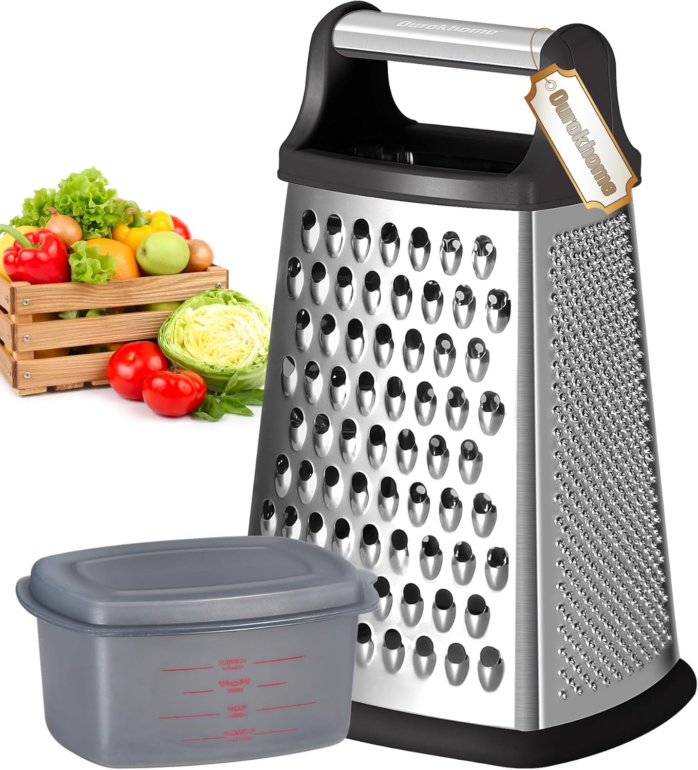 Ourokhome Cheese Grater with Handle, Stainless Steel Box Grater, 4 Side Kitchen Vegetable Shredder Slicer Zester with Container for Parmesan, Cabbage