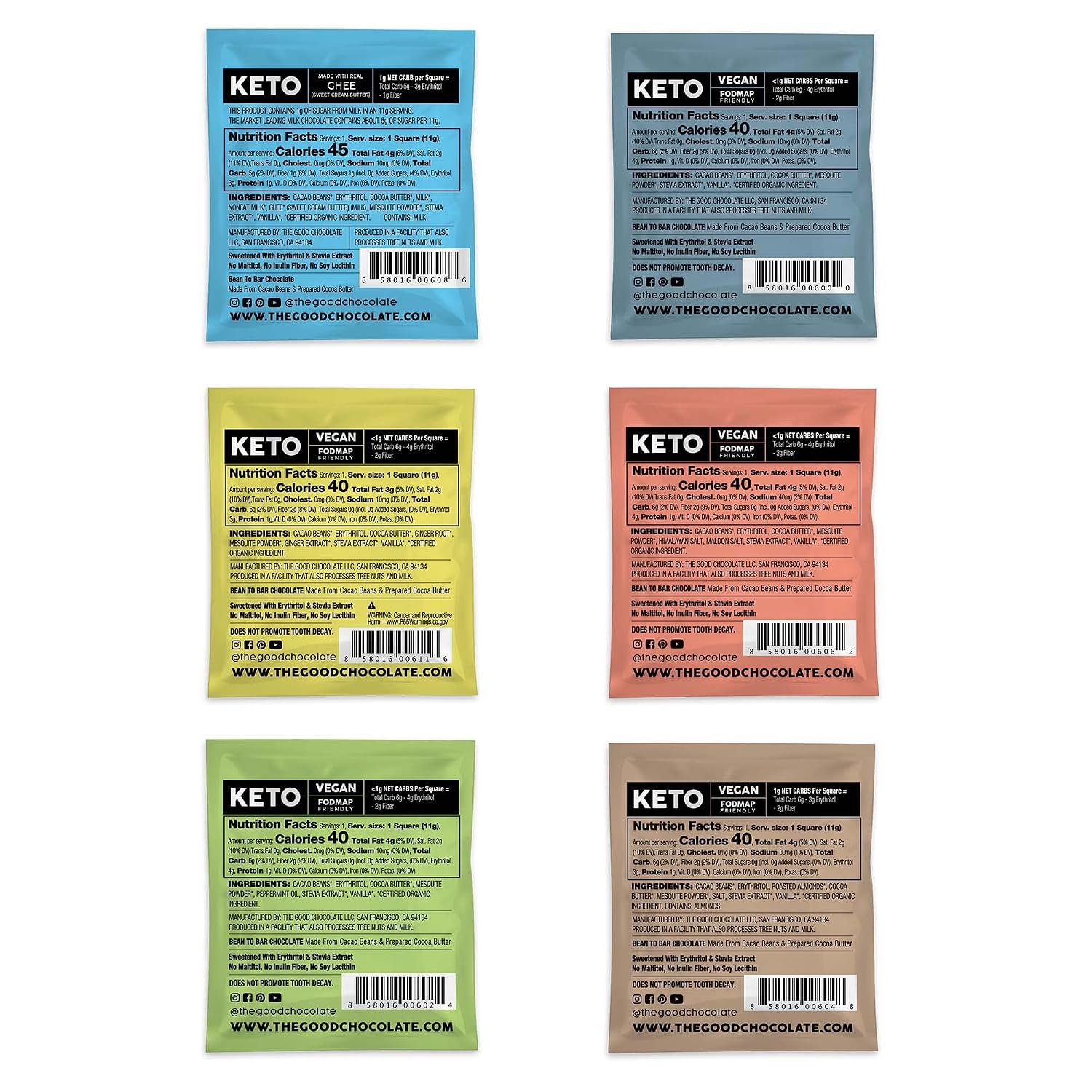 THE GOOD CHOCOLATE - Keto Chocolate Variety Pack with Zero Sugar & Lower Net Carb Snack - Keto Chocolate Bars offer Lower Calorie chocolate Candy - keto Snacks Low Carb - 6 Flavors, 12 Square Pack
